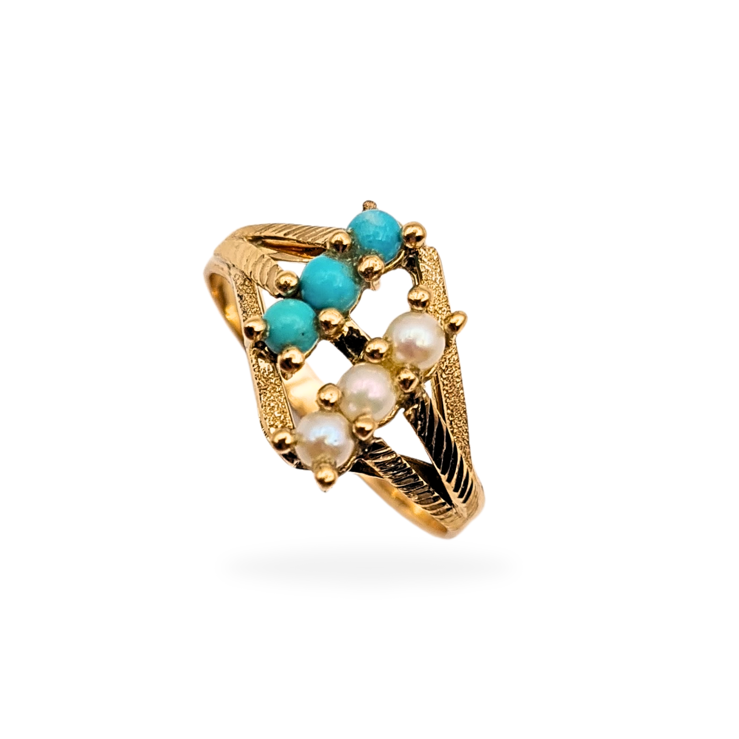 18ct Gold Turquoise 3 Row Ring, Pearl Design, UK M US 6 1/4