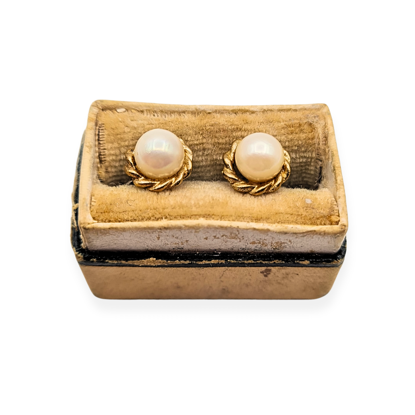 Pair of 9ct gold stud earrings featuring 7mm creamy pearls framed in a rope twist edge design, tested as 9ct gold with butterfly backs. Elegant small round pearl studs weighing 1.17g, ideal for everyday or formal wear.