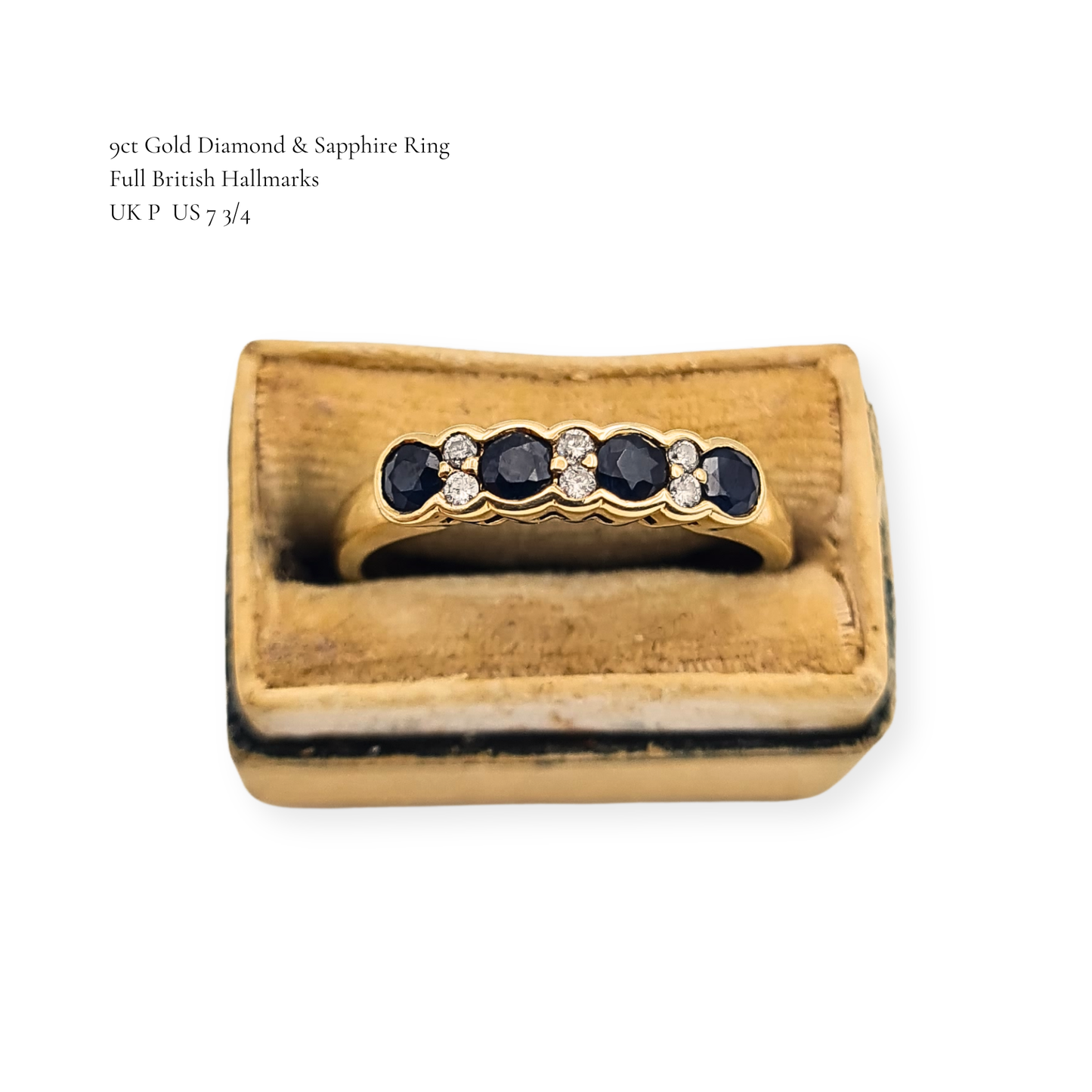 Quality 9ct Gold Diamond Sapphire Ring 10 Stone Band UK P US 7.75