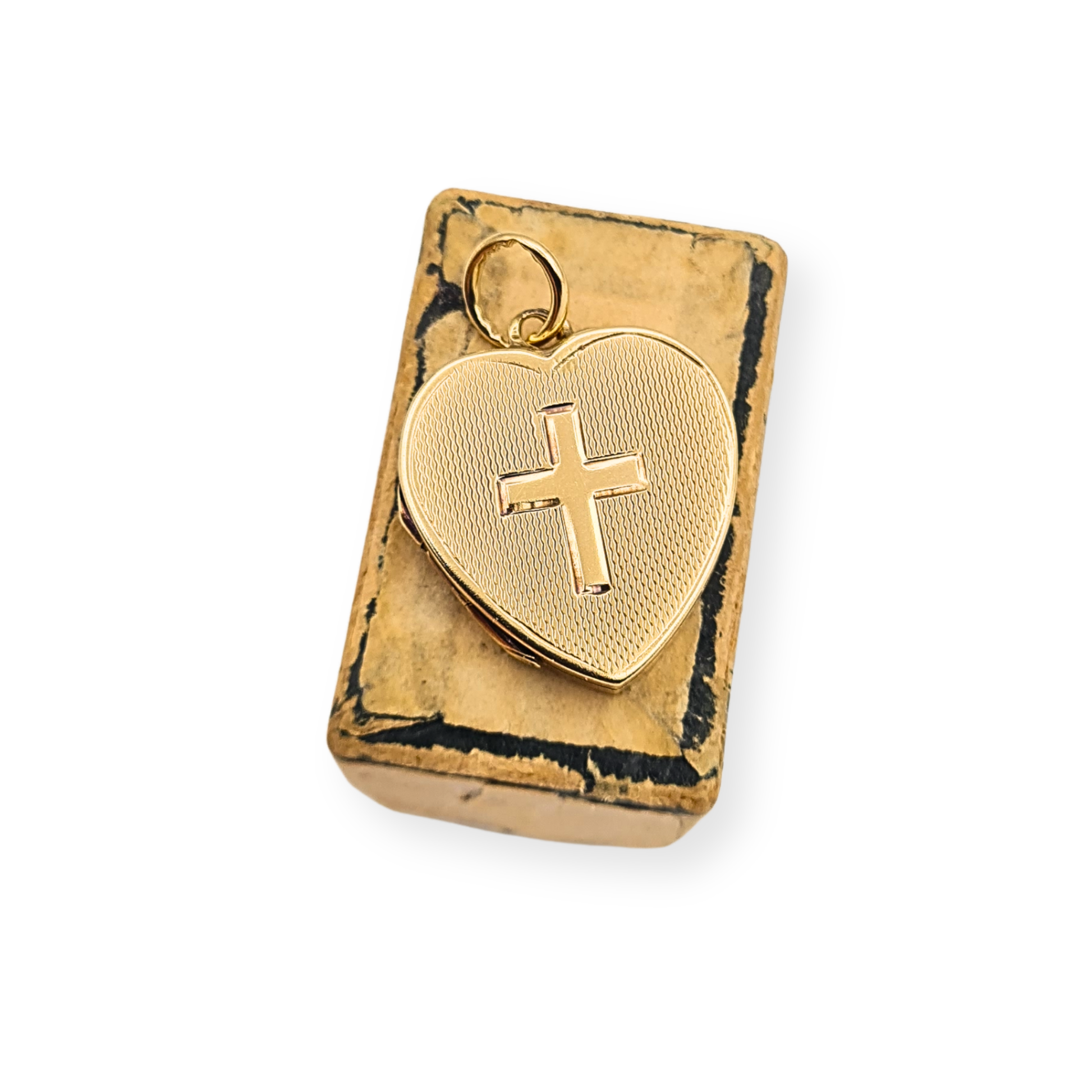 Vintage 9ct yellow gold heart photo locket with raised cross fully British hallmarked 1987