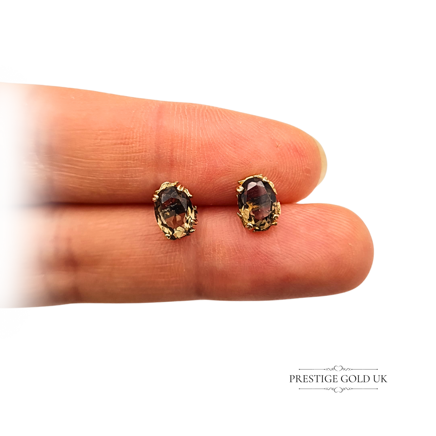 9ct Gold Smoky Quartz Stud Earrings, Oval Claw Set Brown Natural Stone Studs