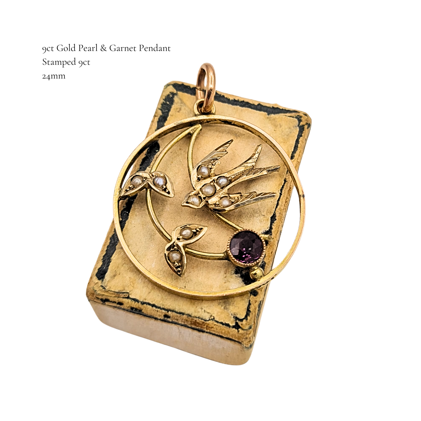 Antique 9ct Gold Swallow Pendant, Pearl Garnet, Stamped 9ct