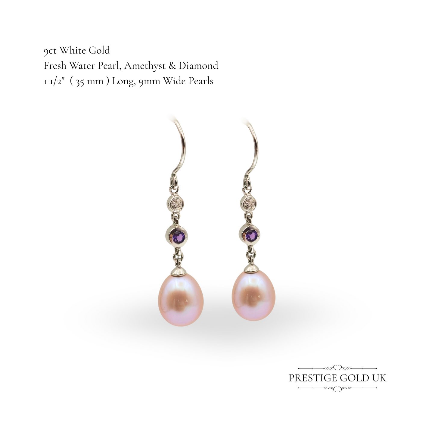 9ct White Gold Drop Earrings with Pink Freshwater Pearls, Amethyst & Diamonds