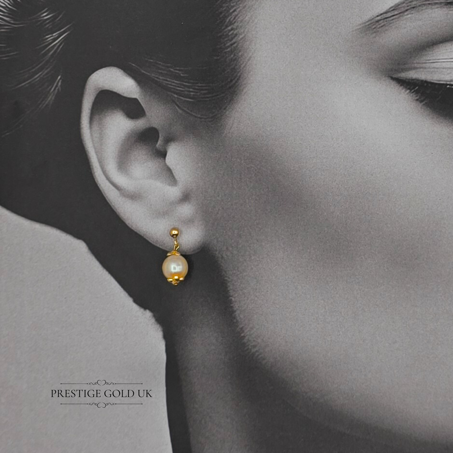 9ct Gold Drop Pearl Earrings, Dangle Studs Featuring Cream Round Pearls