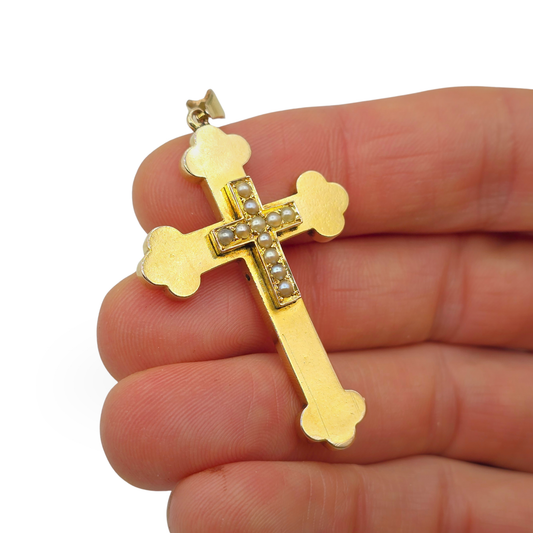 Large 9ct Gold Pearl Set Cross Pendant,  Byzantine Orthodox With Budded Ends