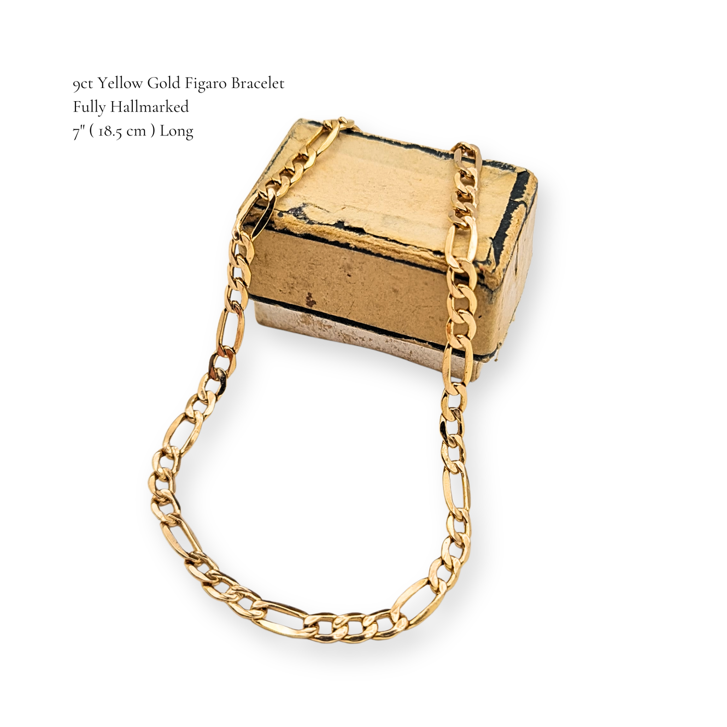 7" Long Gold Figaro Bracelet,  18.5cm, 3+2 Link Chain, British Hallmarked