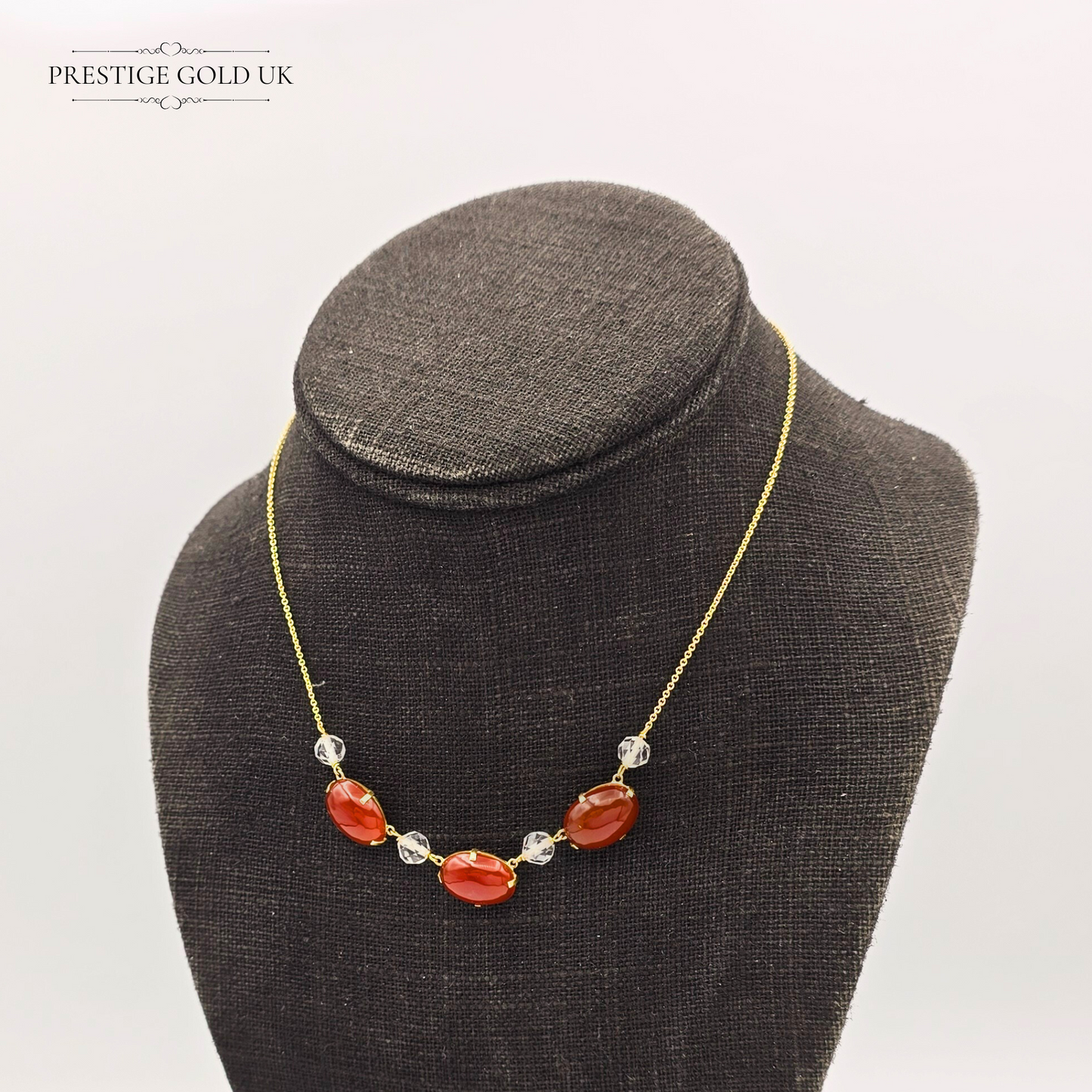 14.5" Gold Carnelian Necklace, 3 Oval Stones & Crystal Beads, 9ct Gold