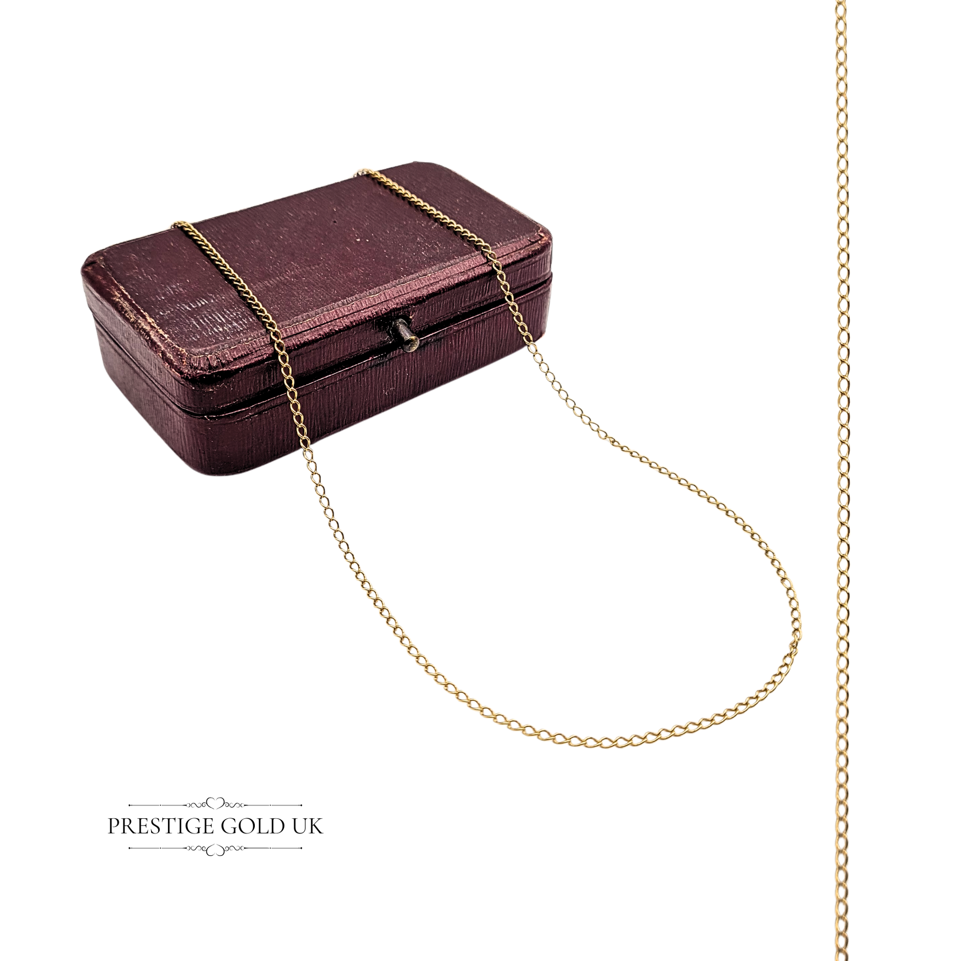 Vintage 9ct gold curb chain necklace measuring 22 inches (56 cm) long and 1.5mm wide, stamped 9K and fully tested for purity, weighing 1.70 grams, featuring a lightweight hollow design with secure spring ring clasp, elegant and refined finish.