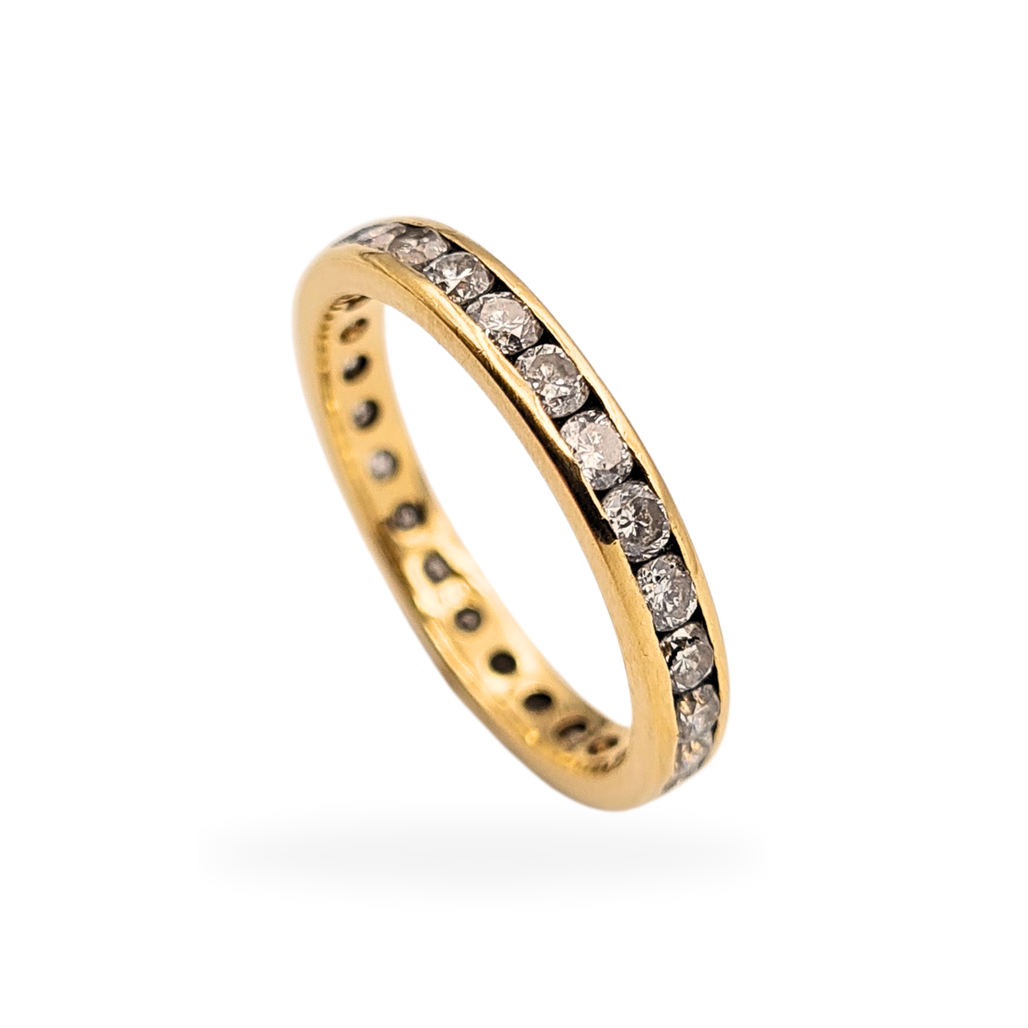18ct yellow gold full diamond eternity ring set with round brilliant diamonds totalling approximately 1.00ct. Slim channel-set band in UK size K 1/2 US 5 1/2, fully tested gold, elegant classic eternity design suitable for daily wear.