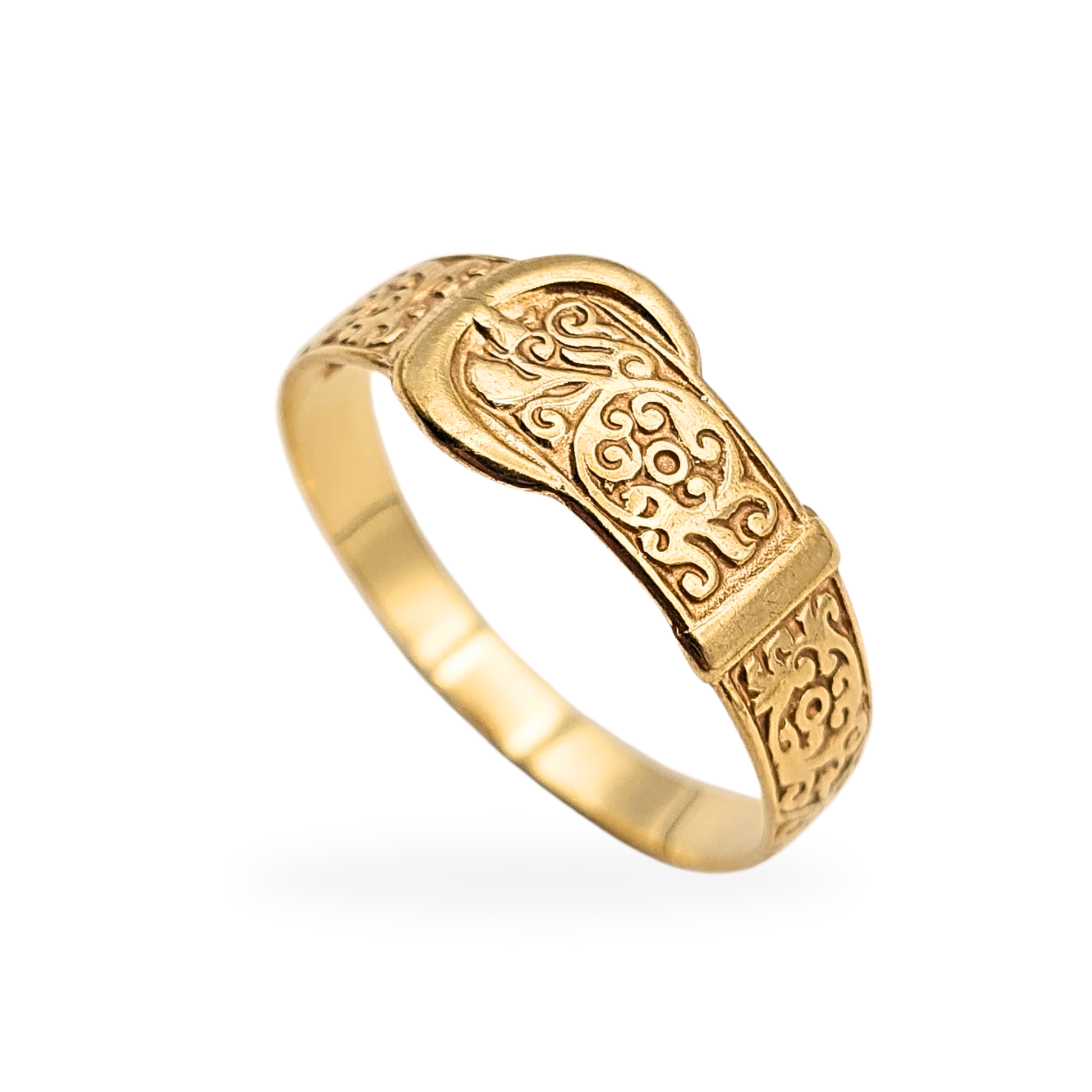 9ct yellow gold buckle ring with ornate engraving, measuring 8mm wide and weighing 1.98g. Fully British hallmarked, UK size V (US 10.5). Solid gold band with intricate vintage detailing symbolising strength and unity, polished finish.
