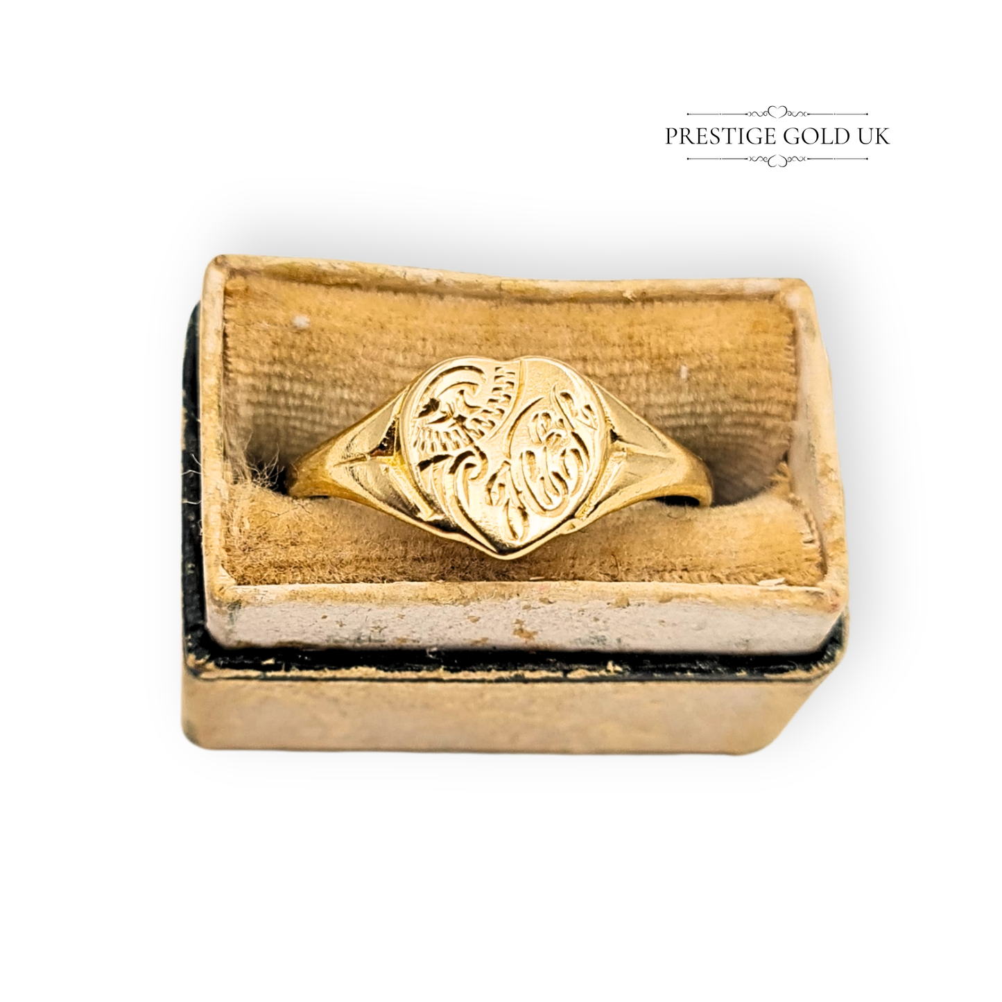 9ct Small Gold Heart Signet Ring, Engraved Design UK P / US 7.5