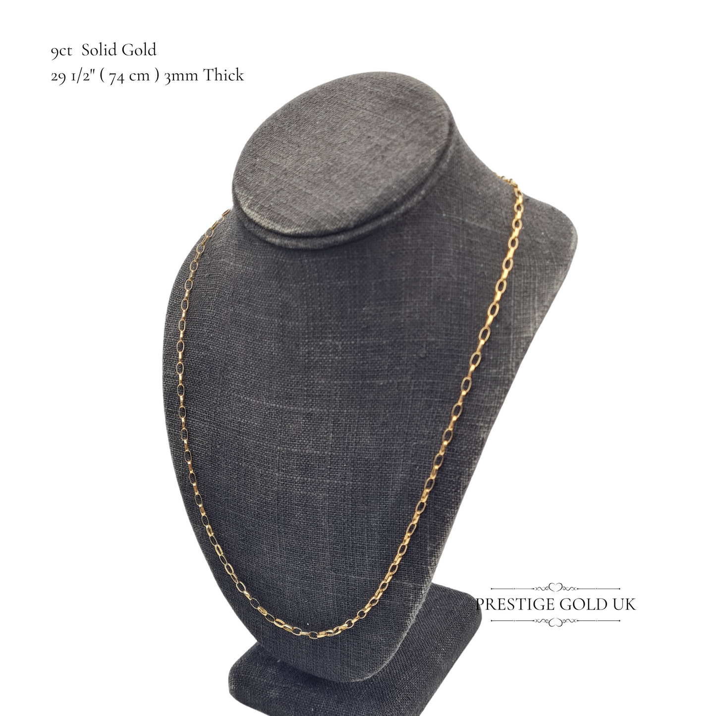 29" Inch Vintage 9ct Gold Belcher Chain Necklace, 29.5” (74cm) Long, 3mm Thick, Stamped 375, Solid Gold Chain