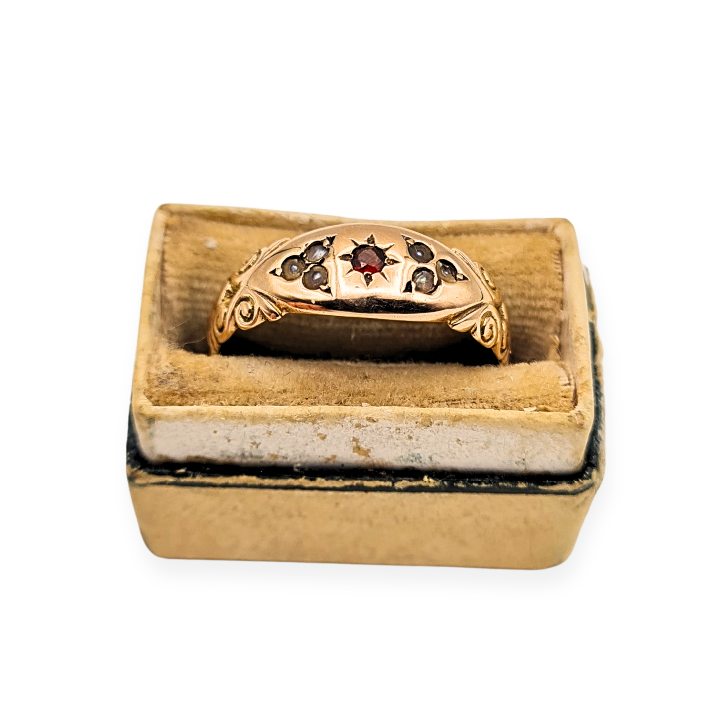 Antique 9ct Rose Gold Garnet & Pearl Ring, UK P 1/2, Birmingham 1847