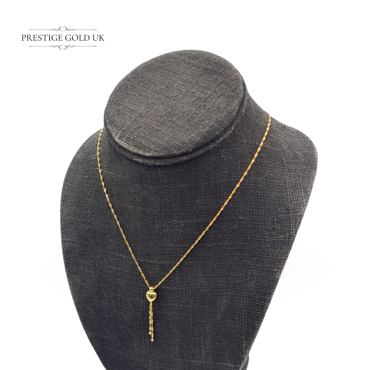 15" Long 9ct Gold Twist Rope Necklace, Sliding Heart Pendant, 15 3/4" (40cm) Long, 1mm Wide, Fully Hallmarked Sheffield