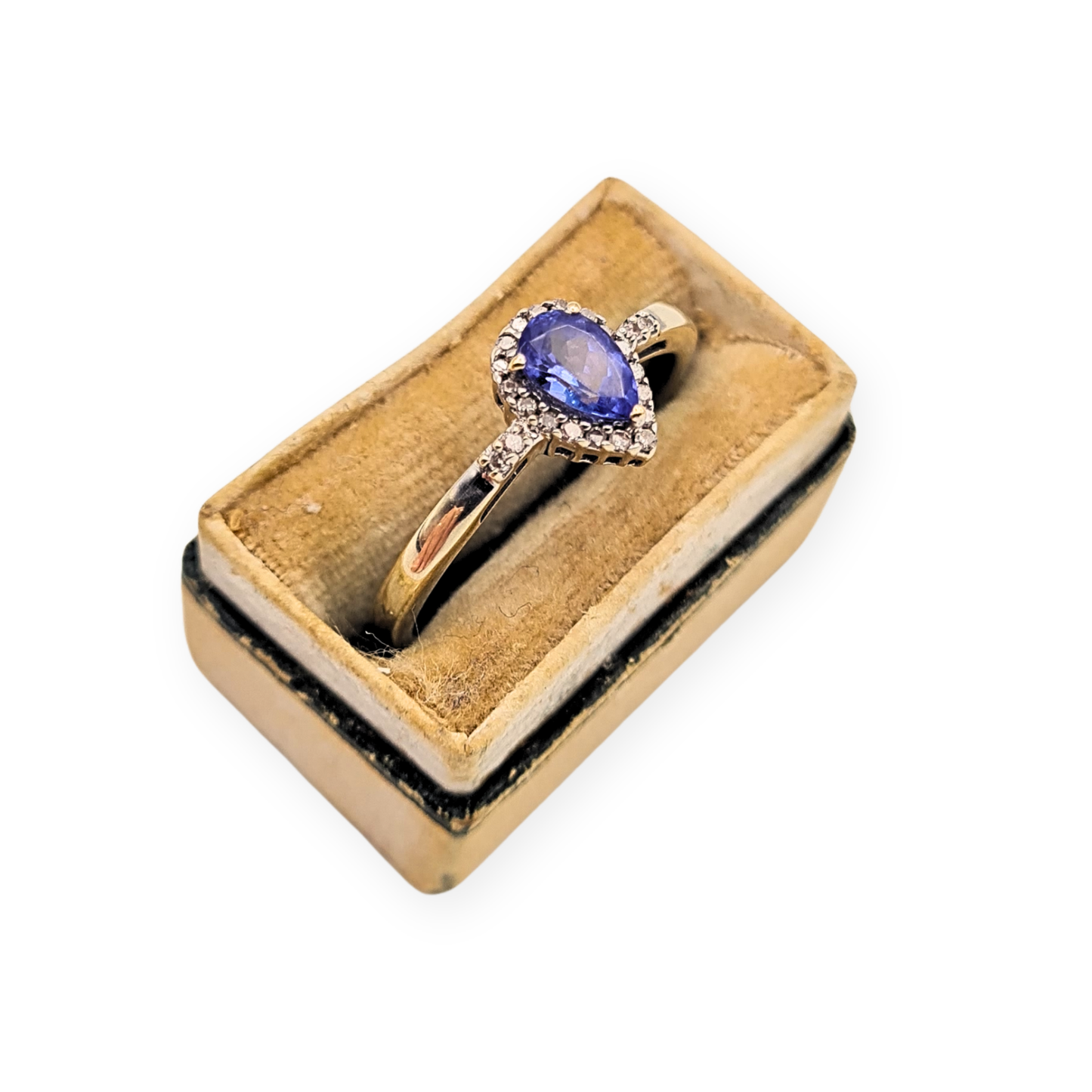 9ct White Gold Tanzanite Diamond Ring Pear Halo UK P US 7 3/4