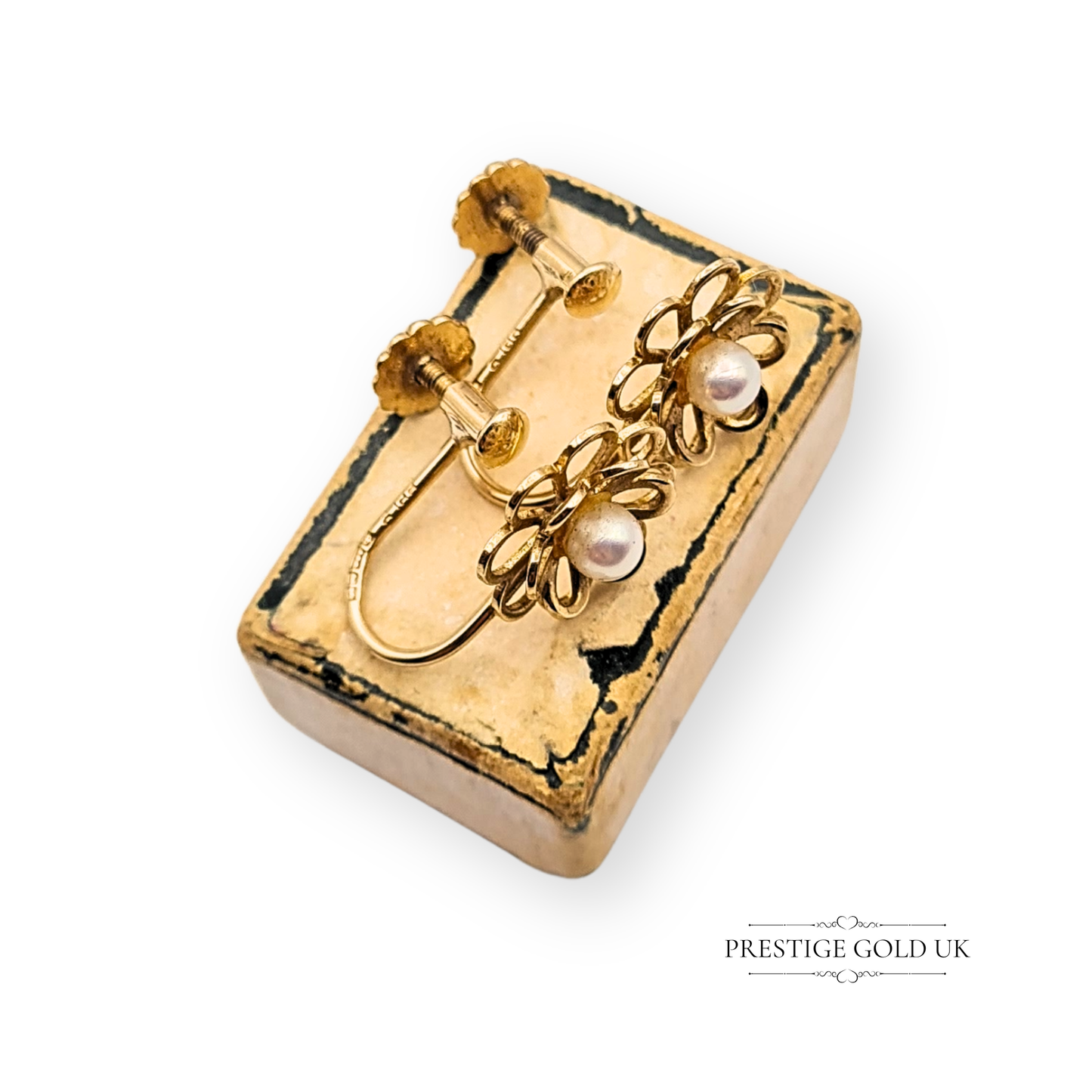 9ct Gold Screw Back Earrings, Floral Design With Pearl Centres For Non pierced ears