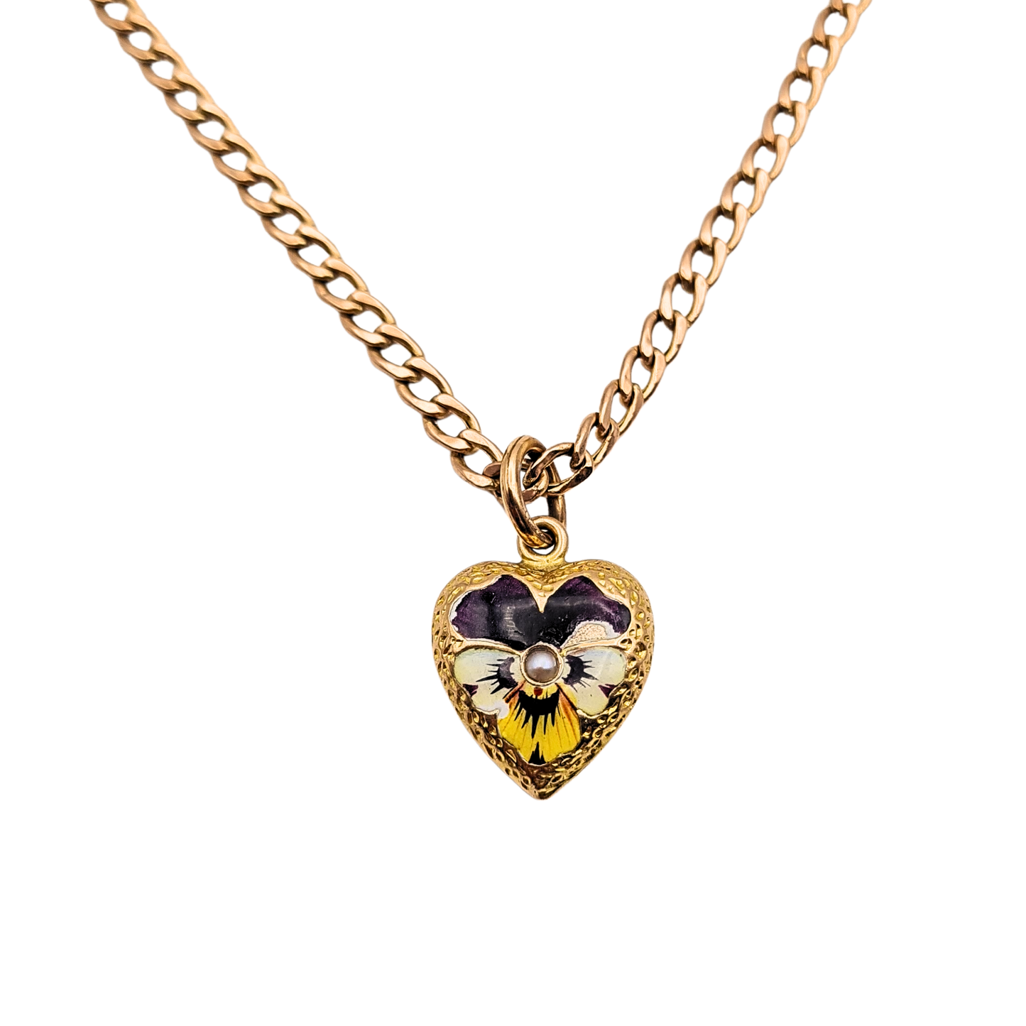 Tiny 9ct Gold Enamel Heart Pendant, Pansy & Pearl Gift
