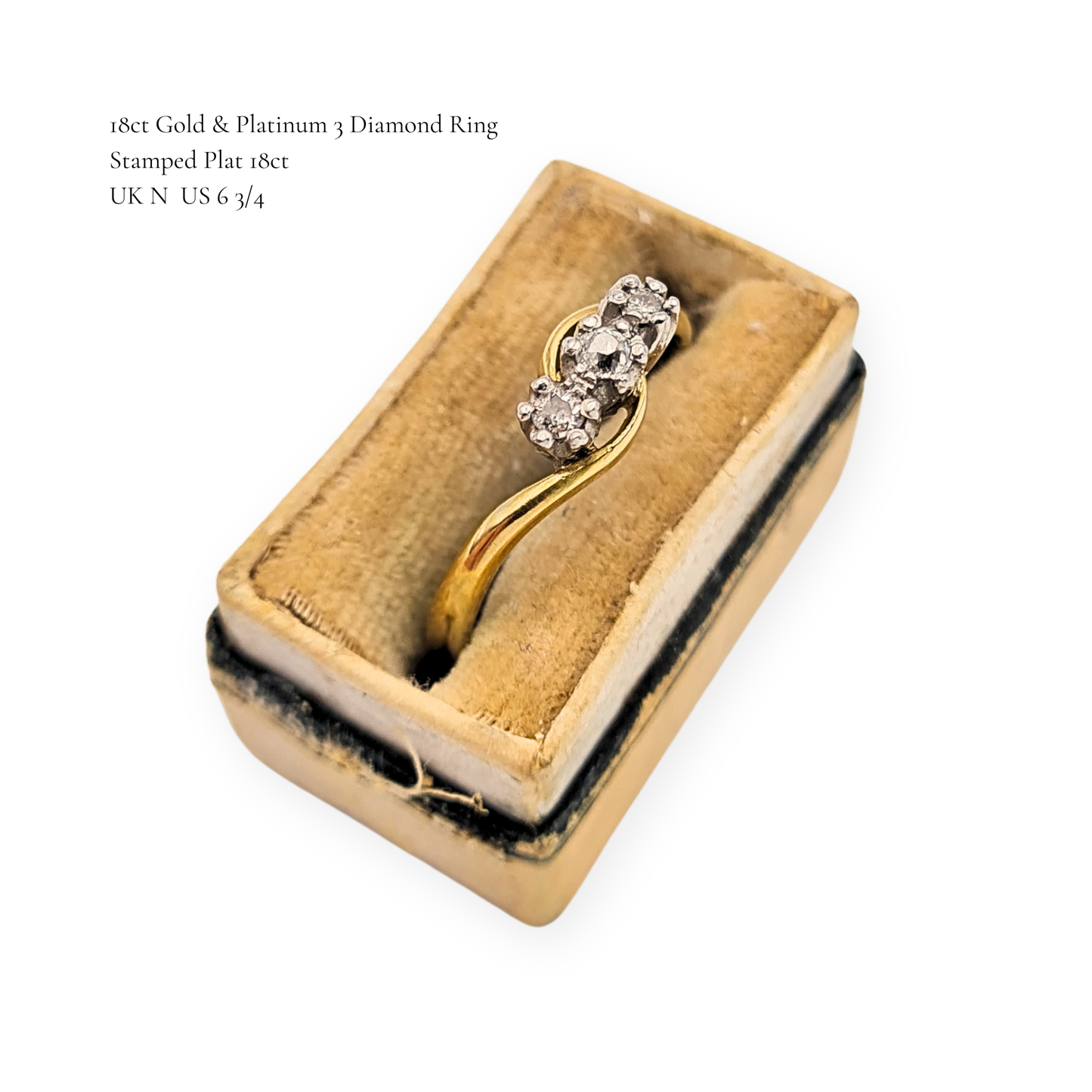 18ct Gold Platinum 3 Diamond Ring Trilogy Twist UK N US 6 3/4