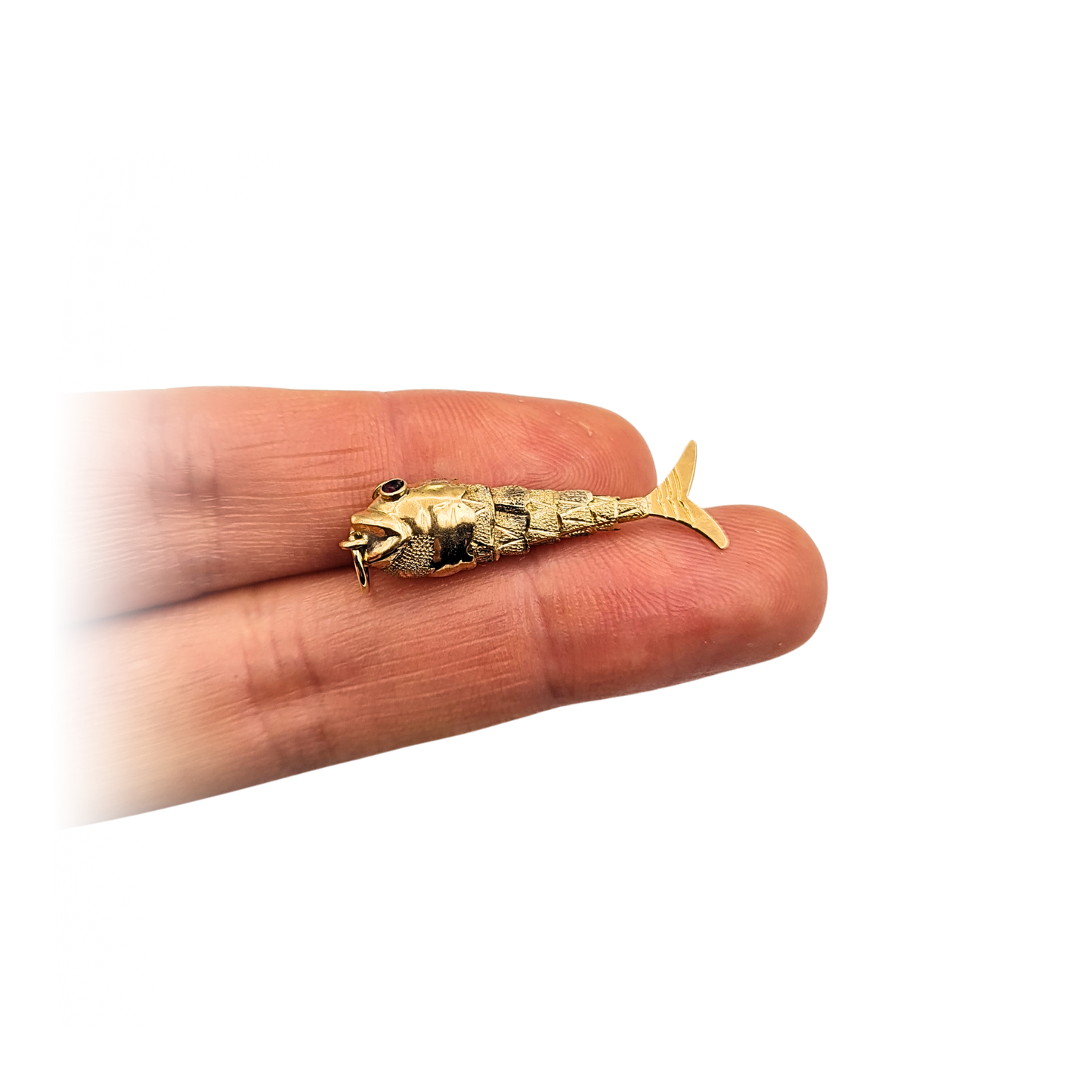 9ct Gold Articulated Fish Pendant Charm Red Stone Eyes