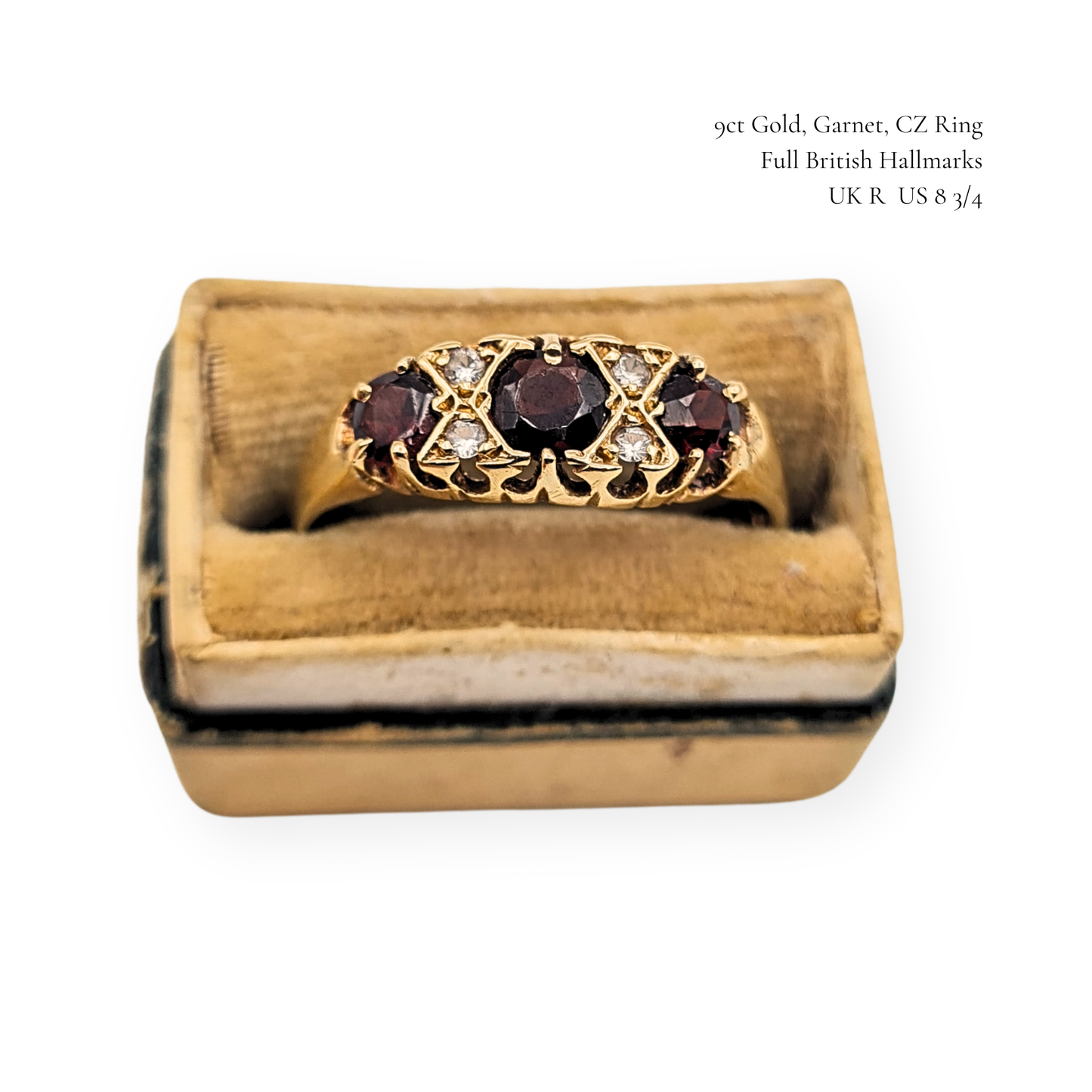 9ct Gold Garnet CZ Boat Ring UK R US 8 3/4 London 1976