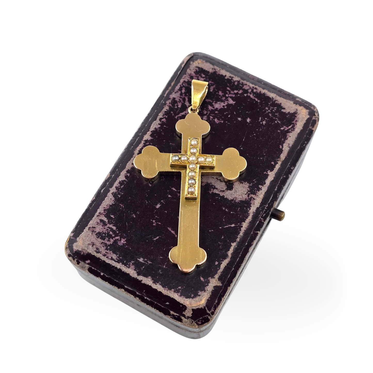 Large 9ct Gold Pearl Set Cross Pendant,  Byzantine Orthodox With Budded Ends