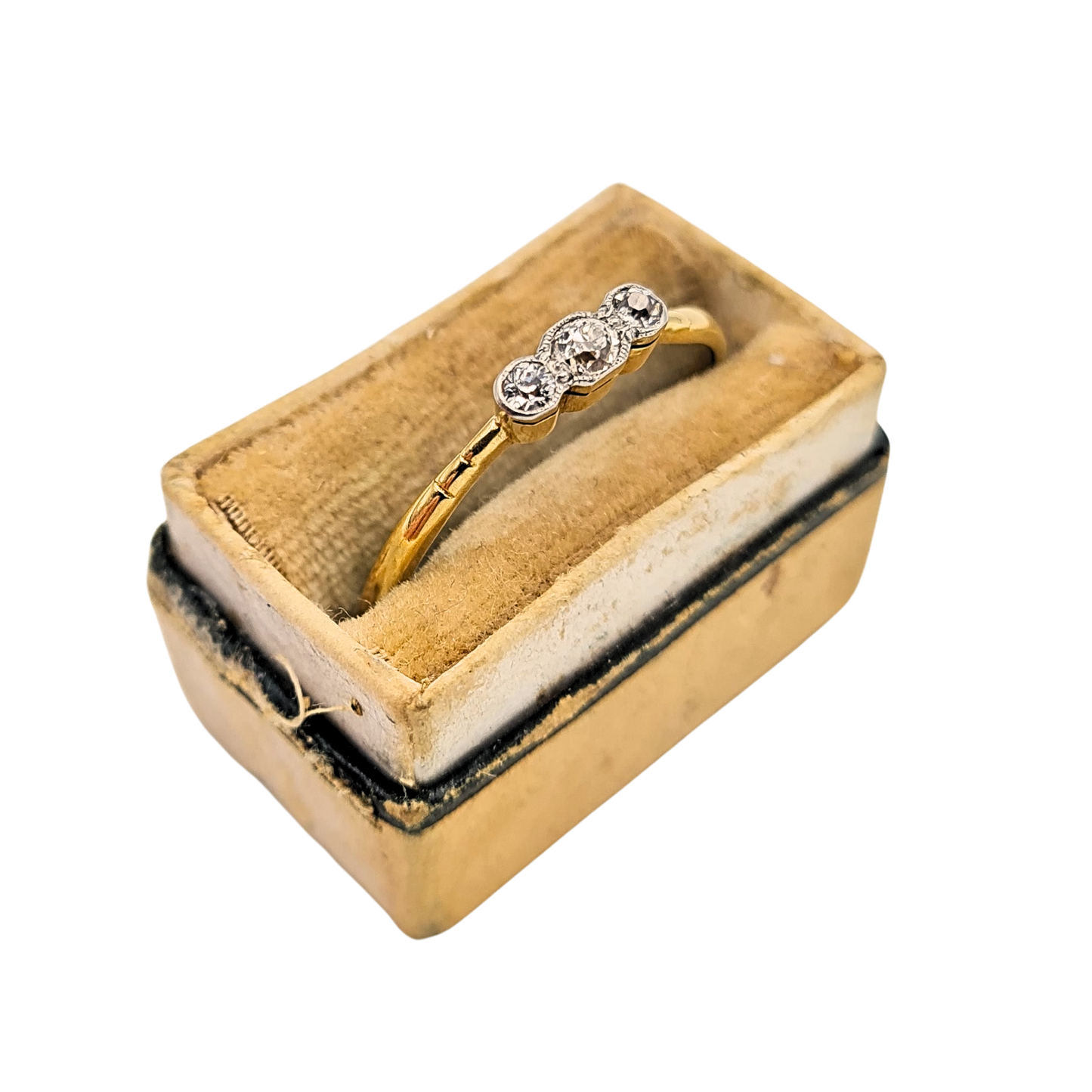 18ct Gold Old Cut Diamond Trilogy Ring, UK Q 1/2, US 8 1/4