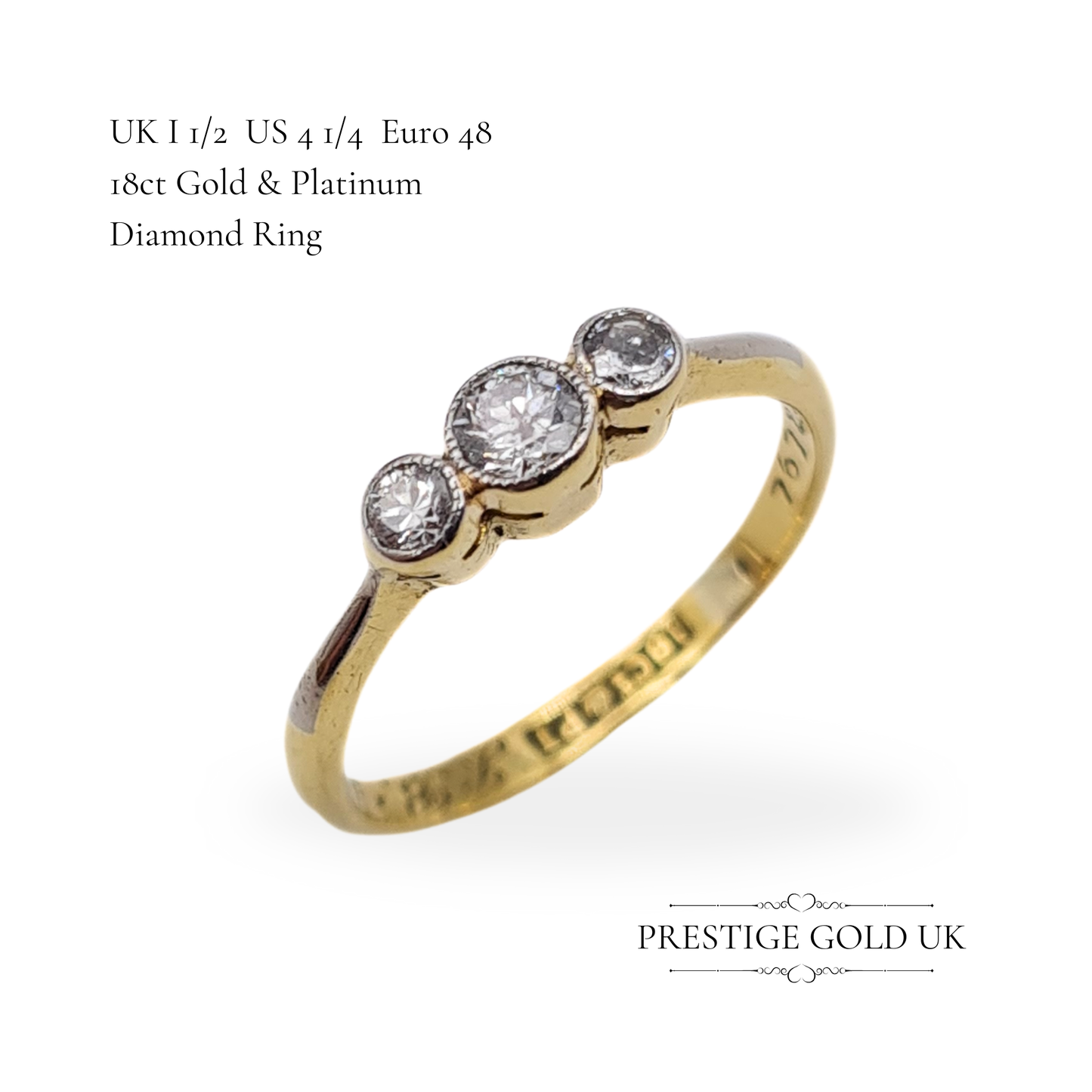 Vintage 18ct Gold & Platinum Triple Diamond Ring, UK I 1/2 US 4 1/4 Euro 48, Stamped 18ct, Engraved Band