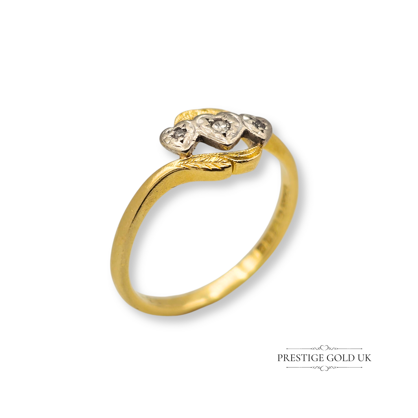 18ct Three Heart Diamond Ring Yellow & White Gold, Crossover Design