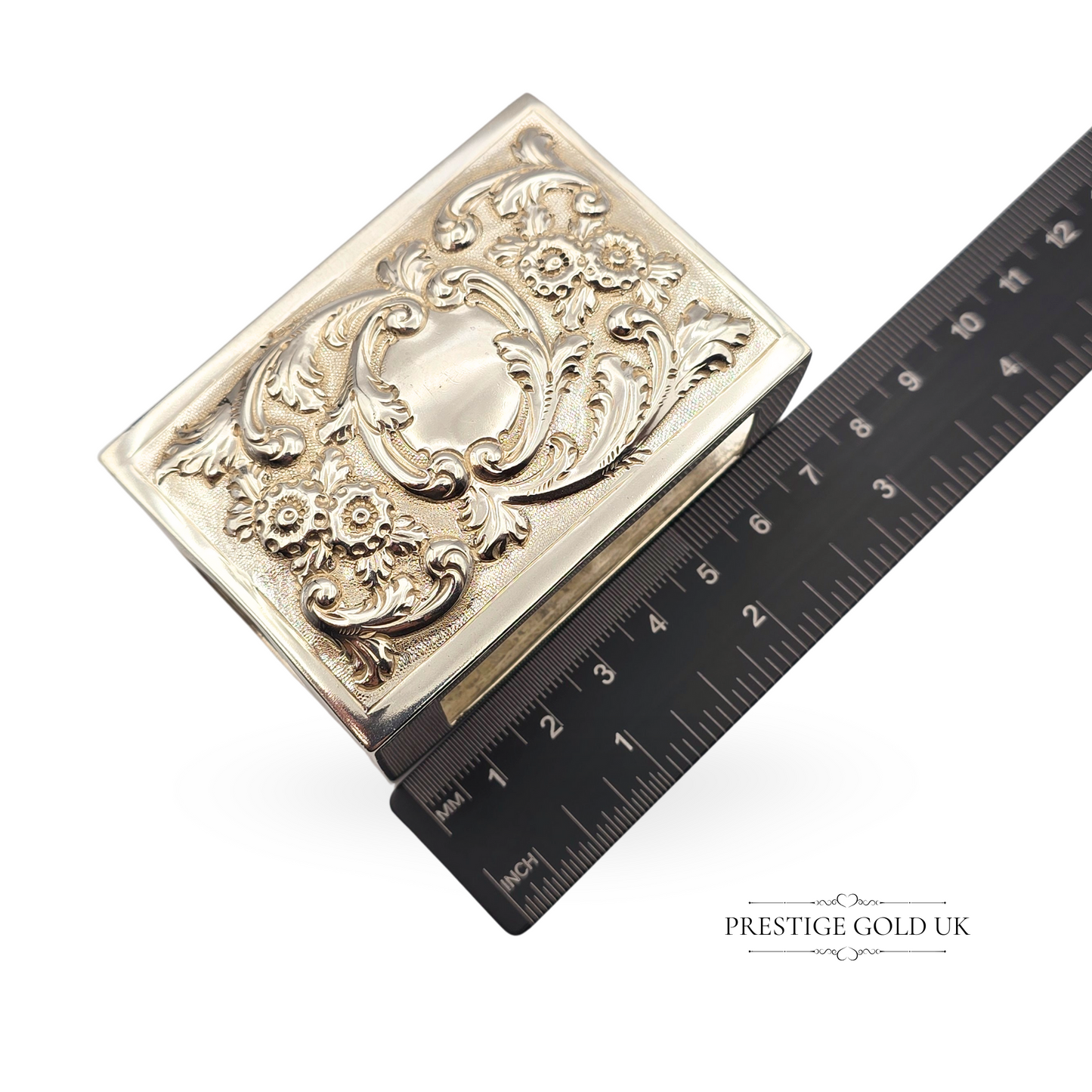 Antique Solid Silver Matchbox Holder, London 1901, Rococo Floral Design, 3” x 2”