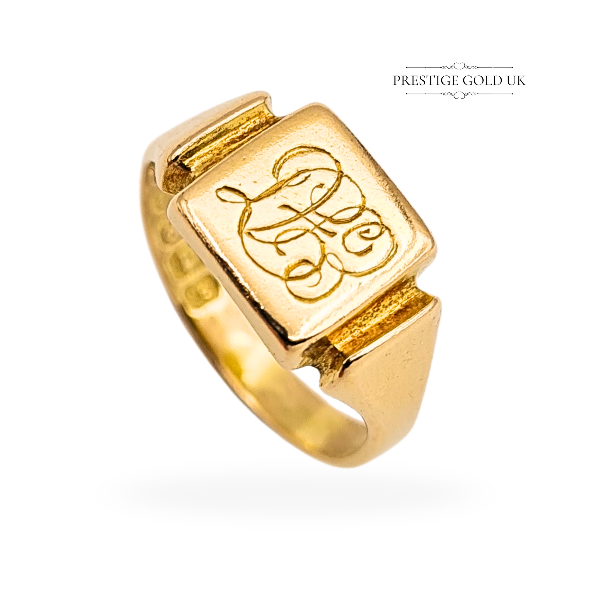 Antique 18ct gold pinky ring hallmarked Birmingham 1923, featuring an engraved monogram on an 8mm square face, weight 3.6g, UK F / US 3, solid gold construction with smooth shoulders and warm patina, elegant early 20th-century signet design.