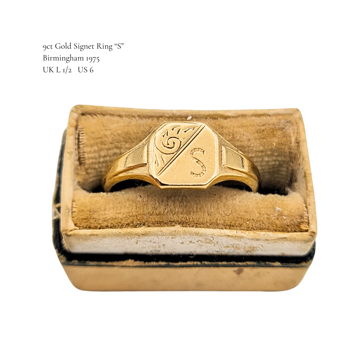 Small 9ct Gold Signet Ring S, Birmingham 1975, UK L 1/2 US 6