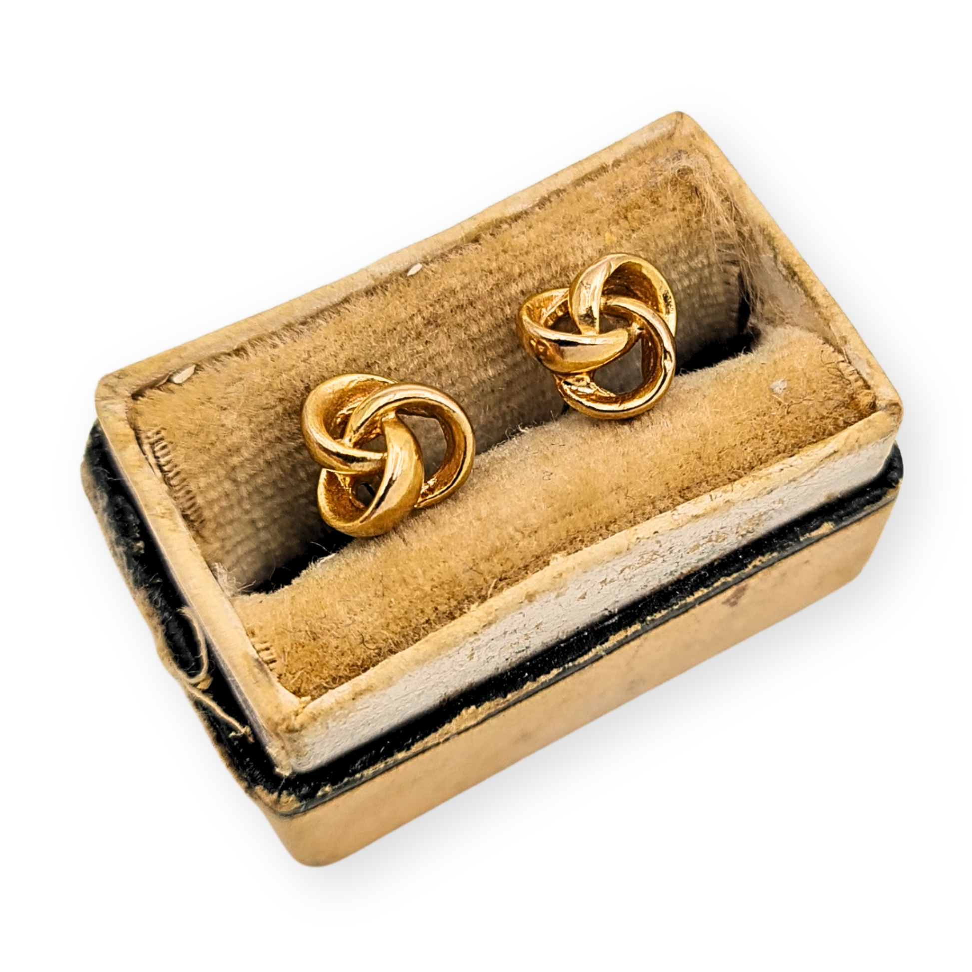 Pair of solid 9ct yellow gold interlocking knot stud earrings with butterfly backs, stamped 375 and fully tested, 8mm face size, 1.3g weight. Classic three-strand design with polished finish, perfect for everyday wear or gifting.