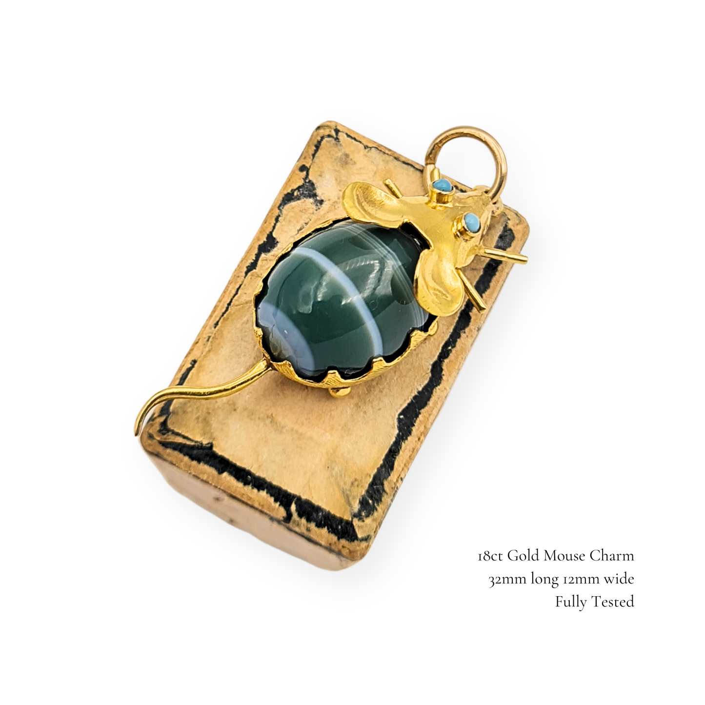 18ct Gold Mouse Charm Turquoise Eyes Green Cabochon Body