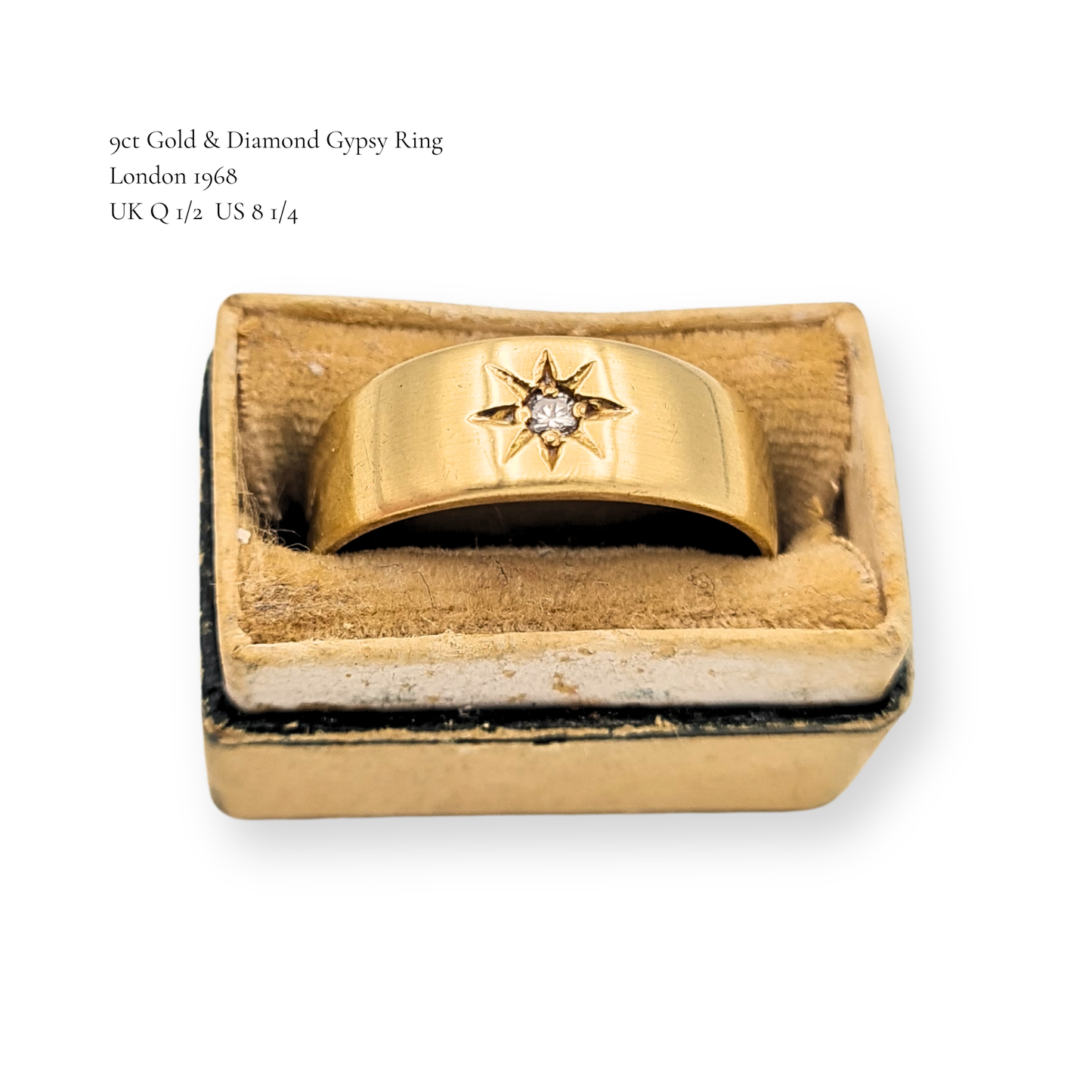 Solid 9ct Gold Diamond Gypsy Ring, London 1968, Size Q 1/2 US 8 1/4
