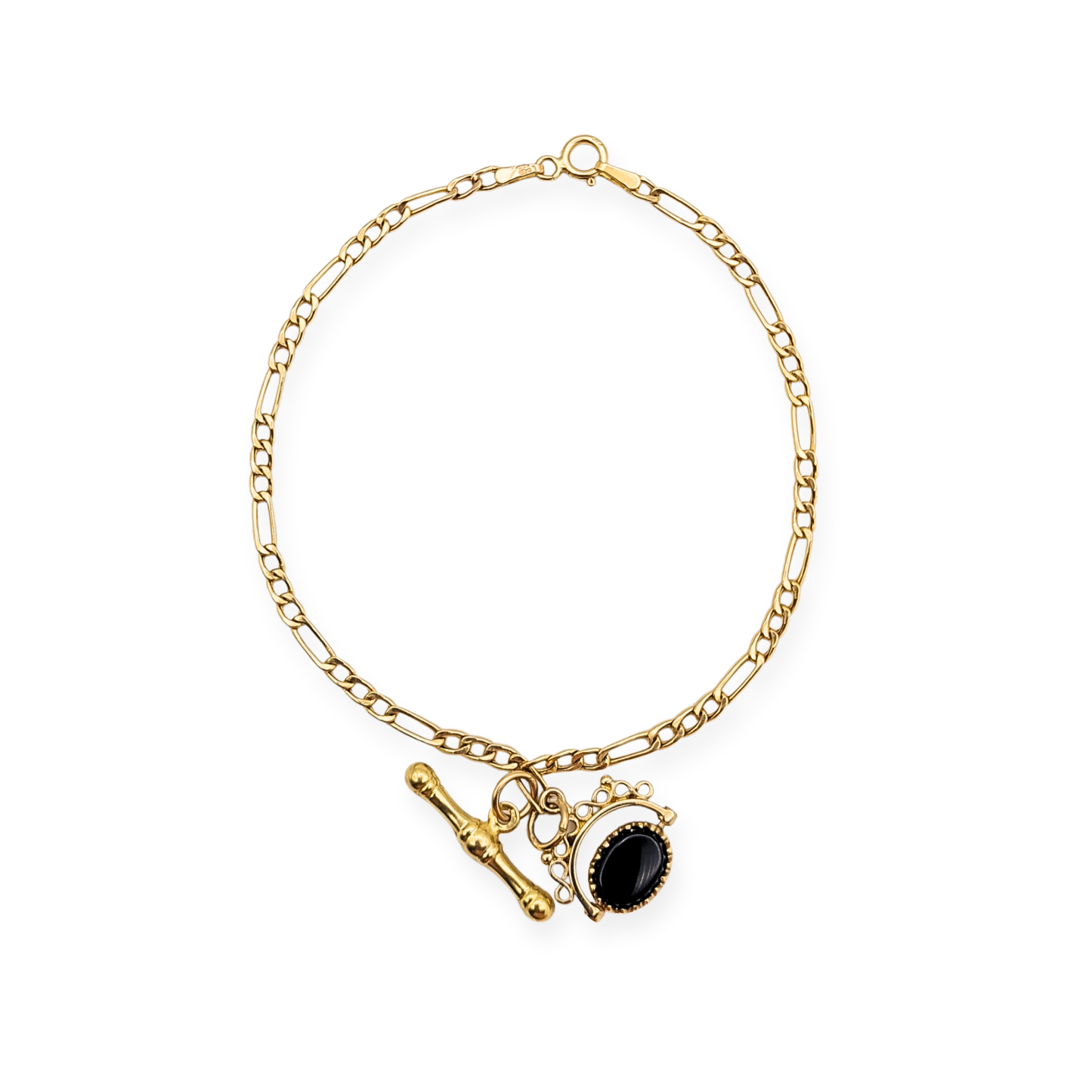 7.25"  9ct Gold Figaro Bracelet  T Bar Spinning Fob 18.5cm