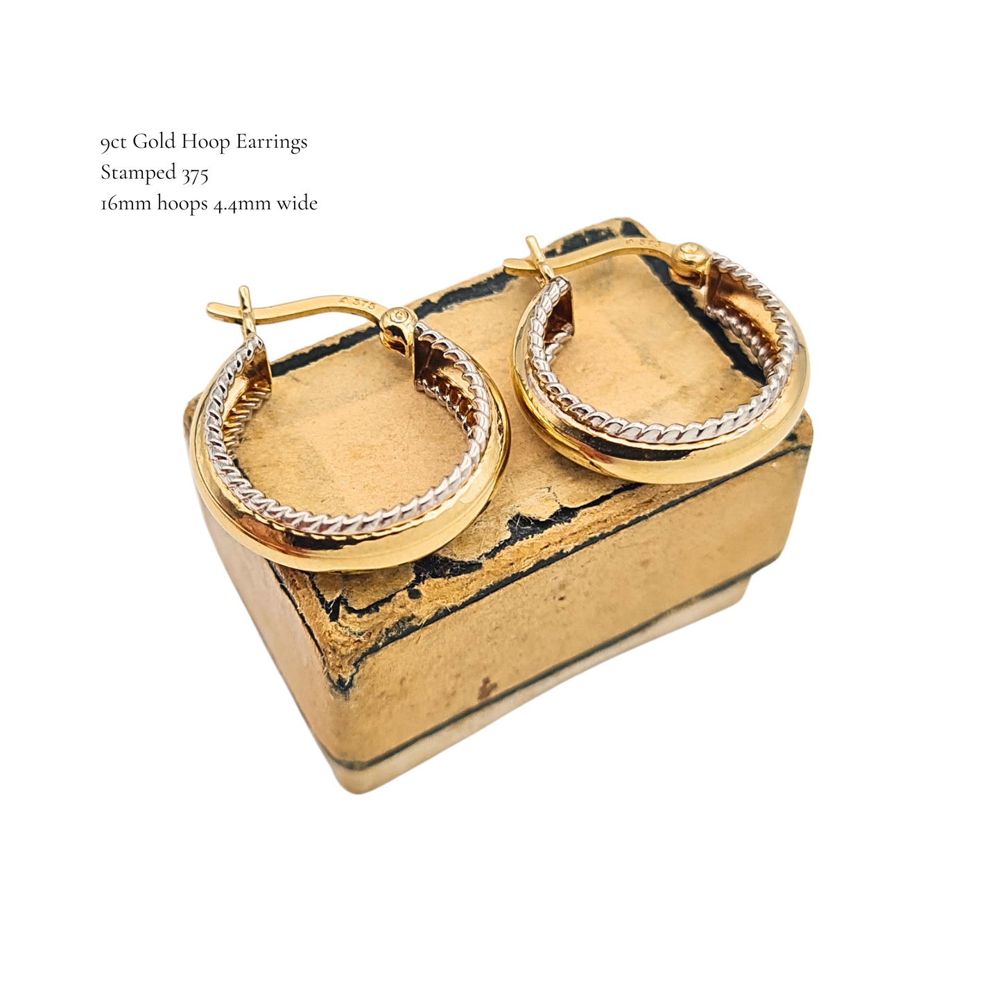 Small 9ct Gold Fancy Hoop Earrings White Gold Scroll Detail 16mm Hoops