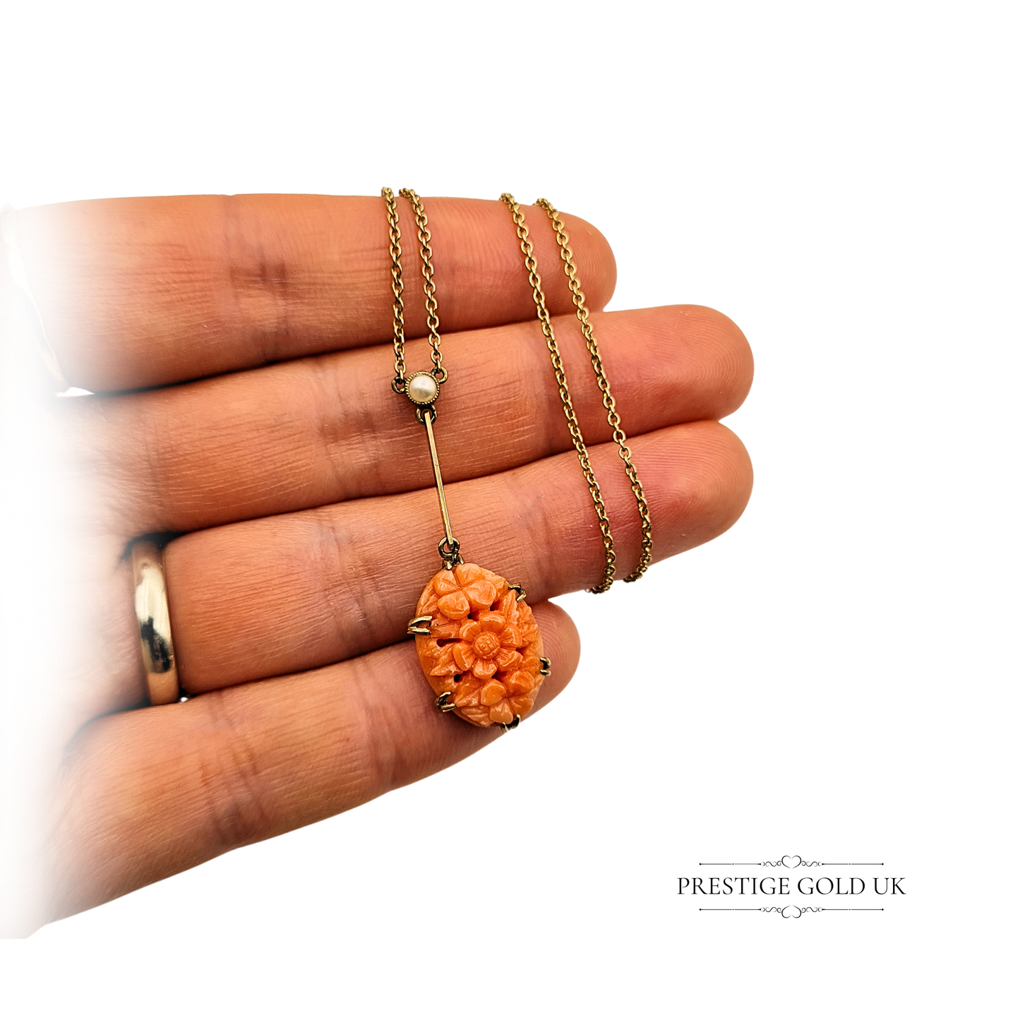 16" Long Antique 9ct Gold  Pink Coral & Pearl Pendant on Delicate Necklace