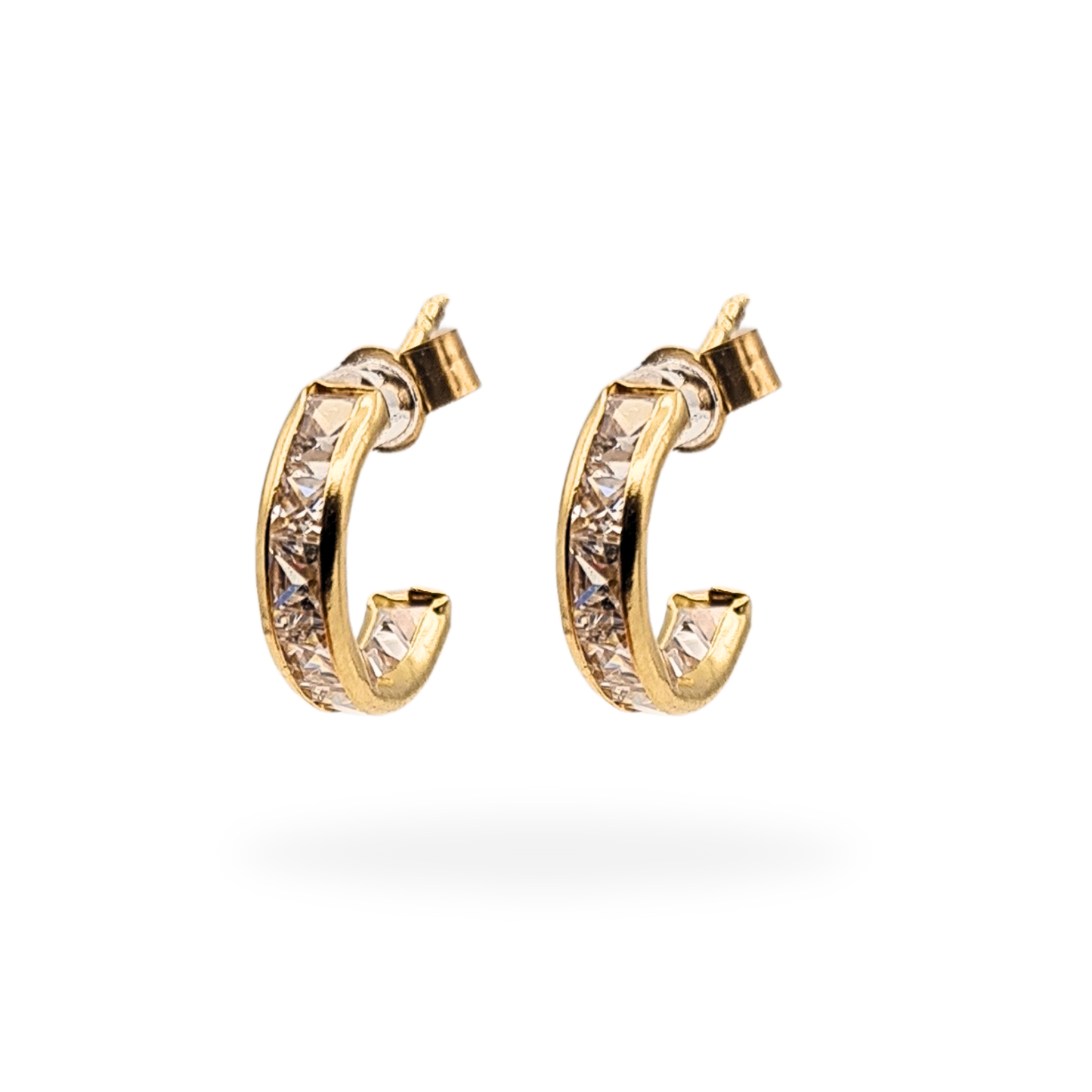 Pair of 9ct gold cubic zirconia half hoop earrings, each 10mm diameter and 2.8mm wide, tested as 9ct gold. Channel-set CZ stones, butterfly backs, elegant and lightweight 0.85g pair for everyday or evening wear, polished gold finish.