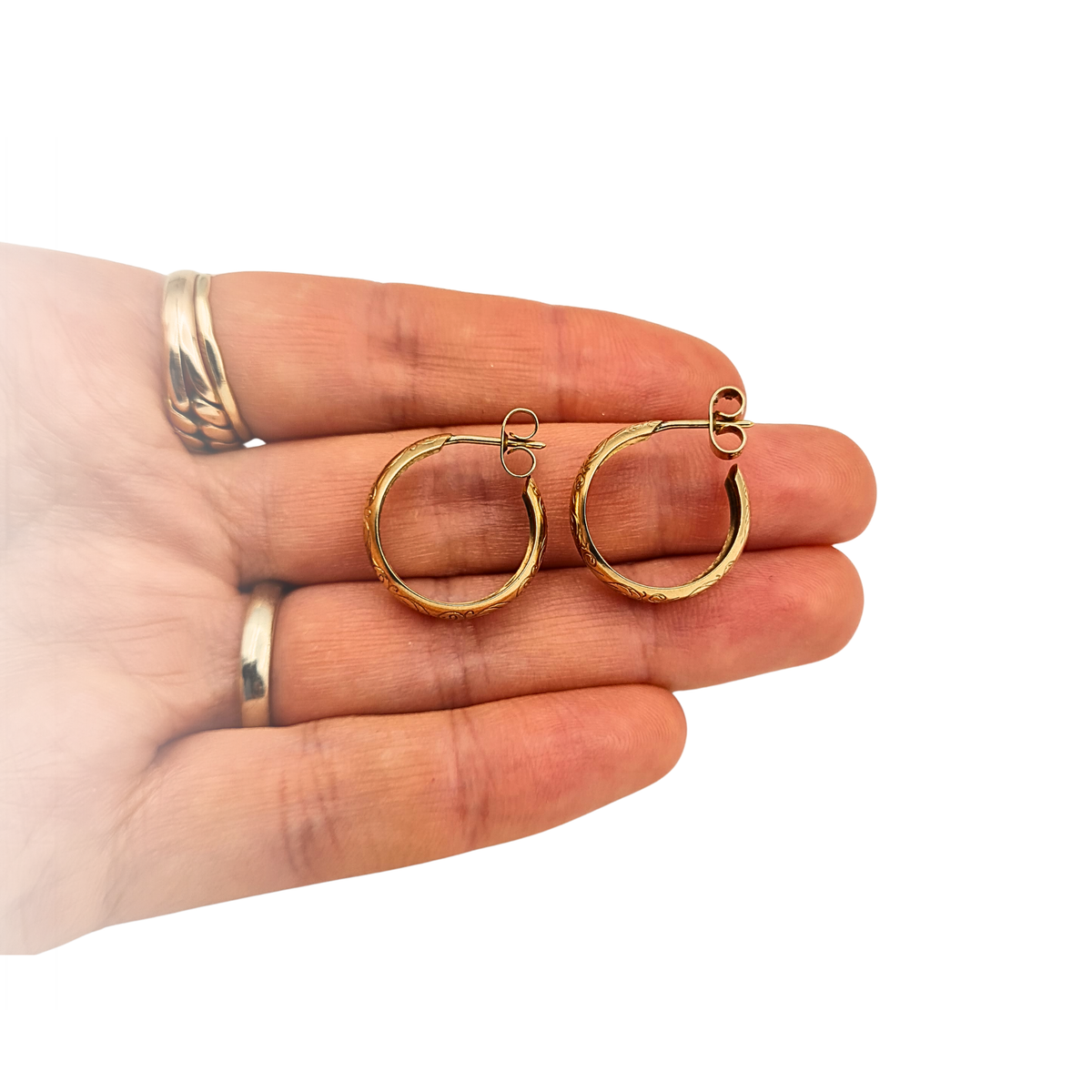 9ct Yellow Gold Engraved Hoop Earrings 18mm Domed 6mm Wide