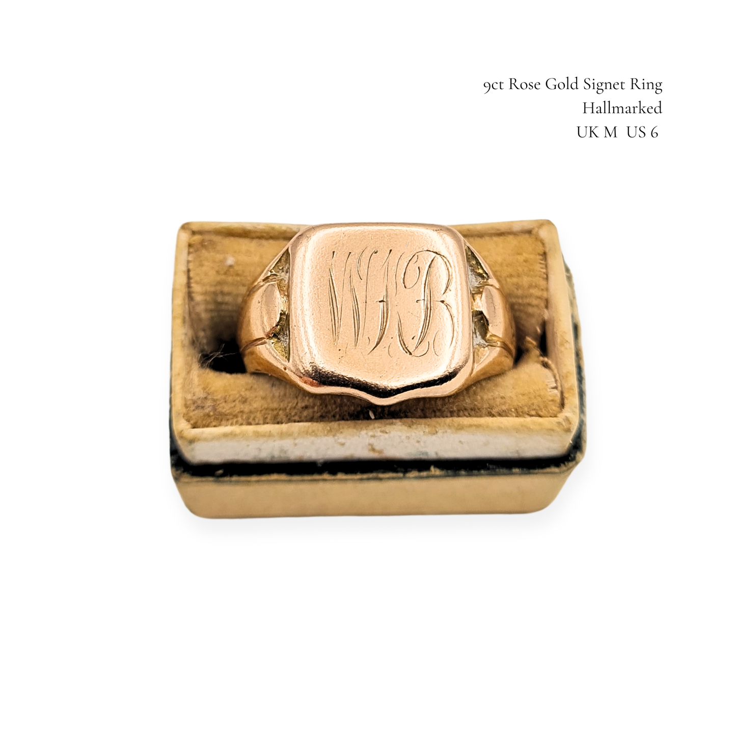 9ct Rose Gold Shield Signet Ring, Engraved WB, UK M US 6