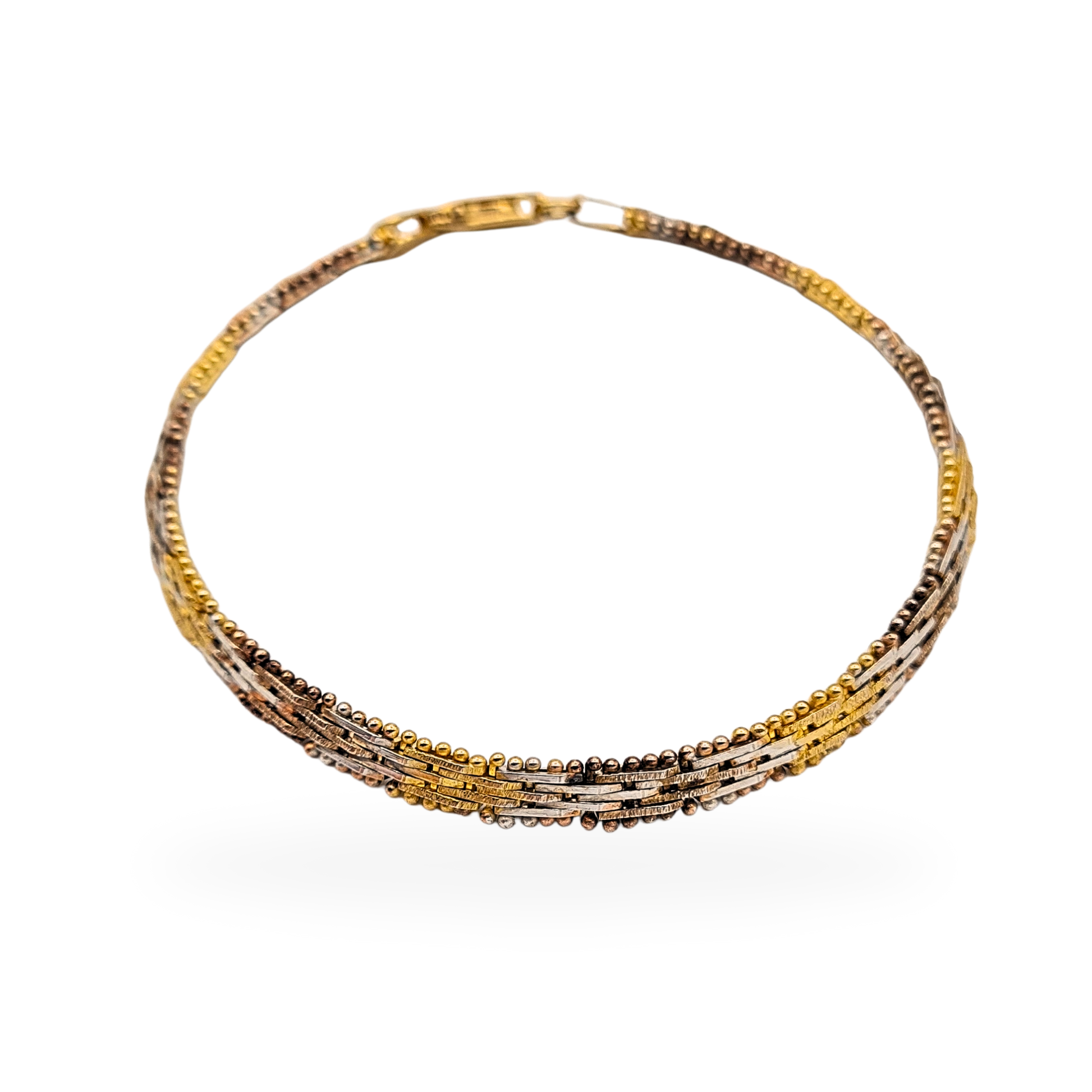 Close-up of a 7.5-inch sterling silver bracelet with 3-tone finish in yellow, rose, and white silver, featuring multi-row design with beaded edges, stamped 925 hallmark, 4.5mm wide, and secure lobster clasp.
