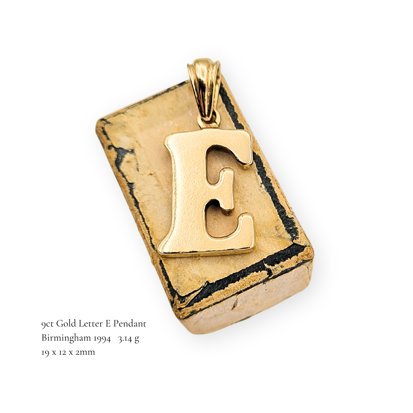 9ct Gold Letter E Pendant, Birmingham 1994, Large Initial