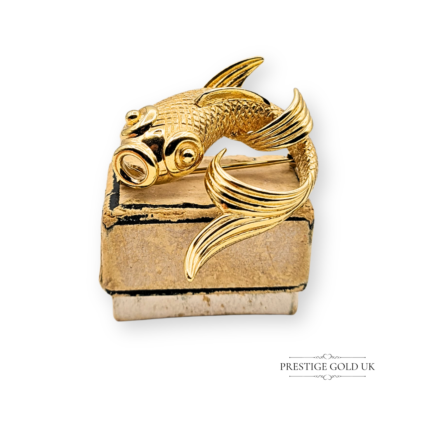 Large 9ct Gold Koi Carp Brooch, Ornate Fish Pin With Secure Clasp