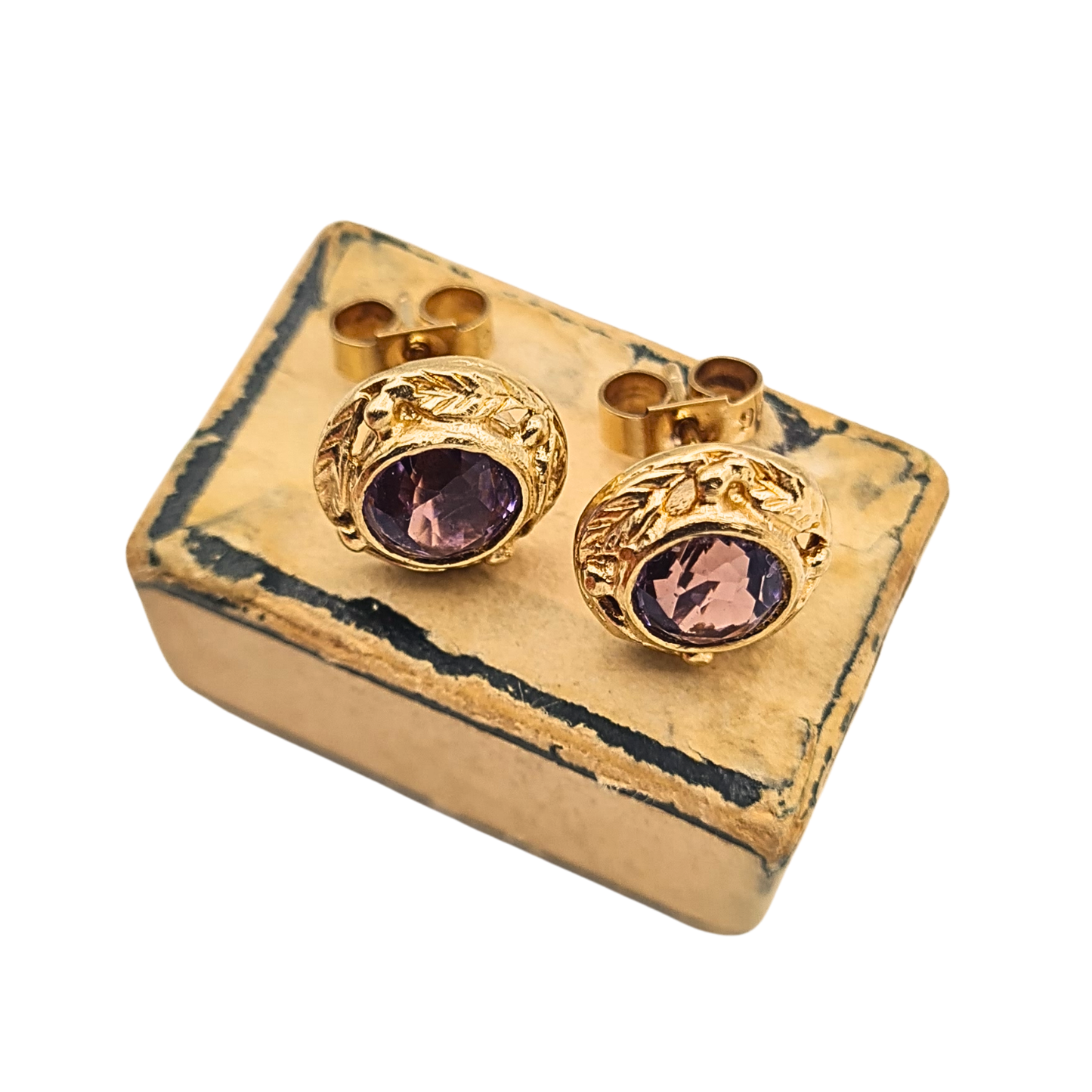 9ct Gold Amethyst Stud Earrings Birmingham 1975 Butterfly Backs