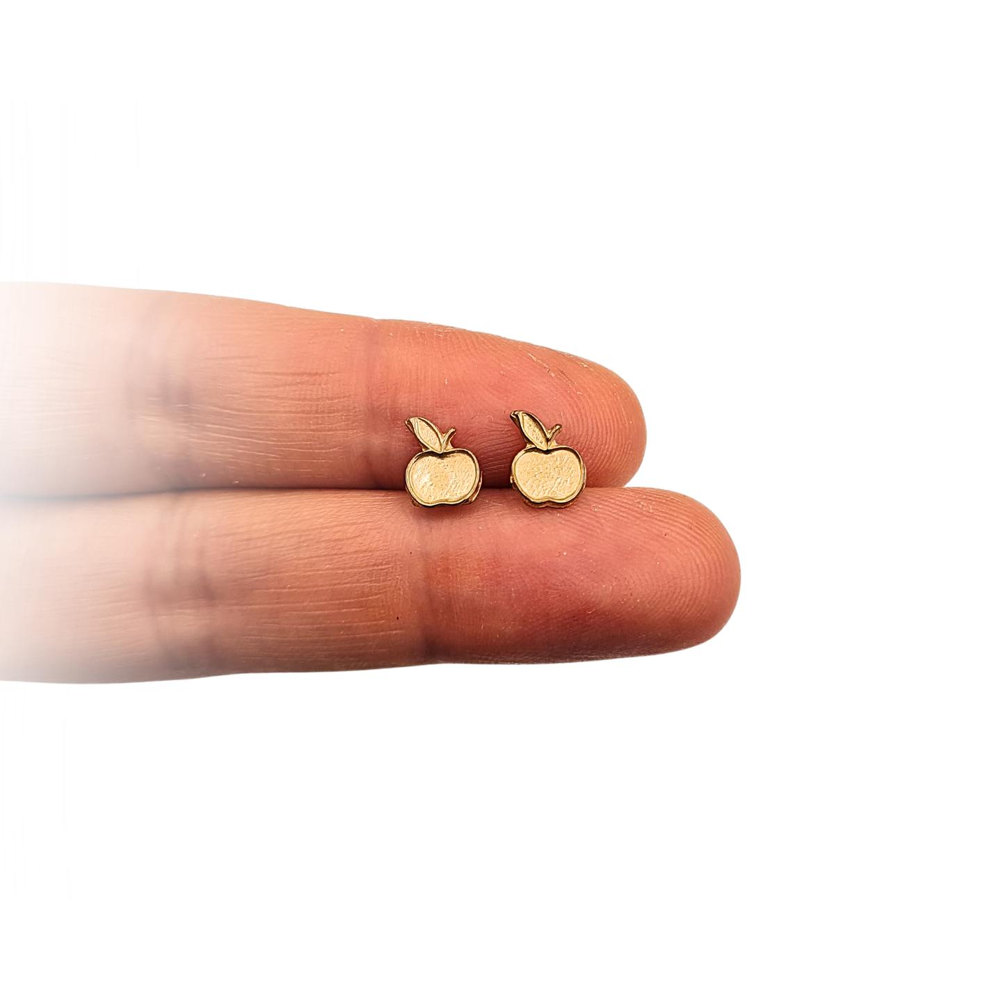 Small 9ct gold apple stud earrings with textured fruit design and small leaf detail, approximately 7mm across with post and butterfly backs. Not hallmarked but fully tested as 9ct gold, lightweight novelty fruit earrings suitable for everyday wear.