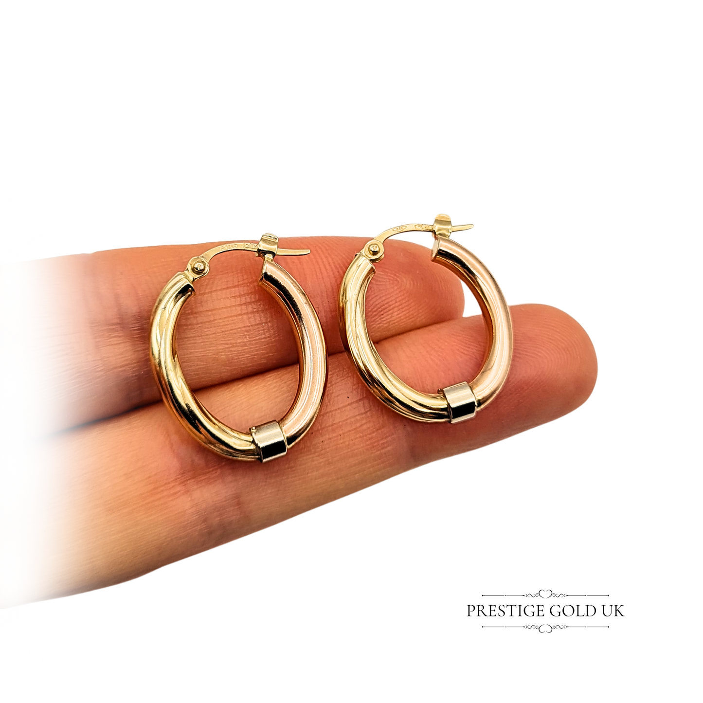 9ct Gold Tri Colour Oval Vintage Hoops, Yellow, White & Rose Gold