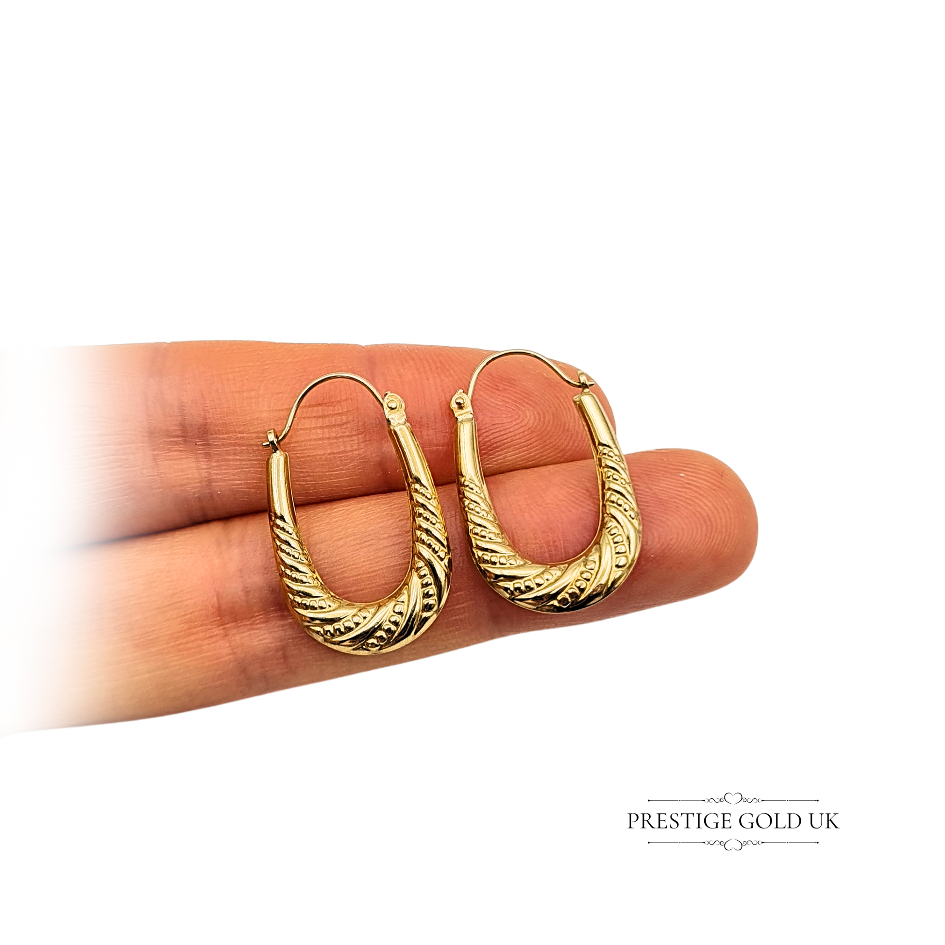 9ct gold gypsy hoop earrings with textured swirl design, tested gold, 25mm tall x 14mm wide x 2.5mm deep. Lightweight 0.96g hoops with flip-top fasteners, elegant bohemian style in polished yellow gold, vintage inspired.