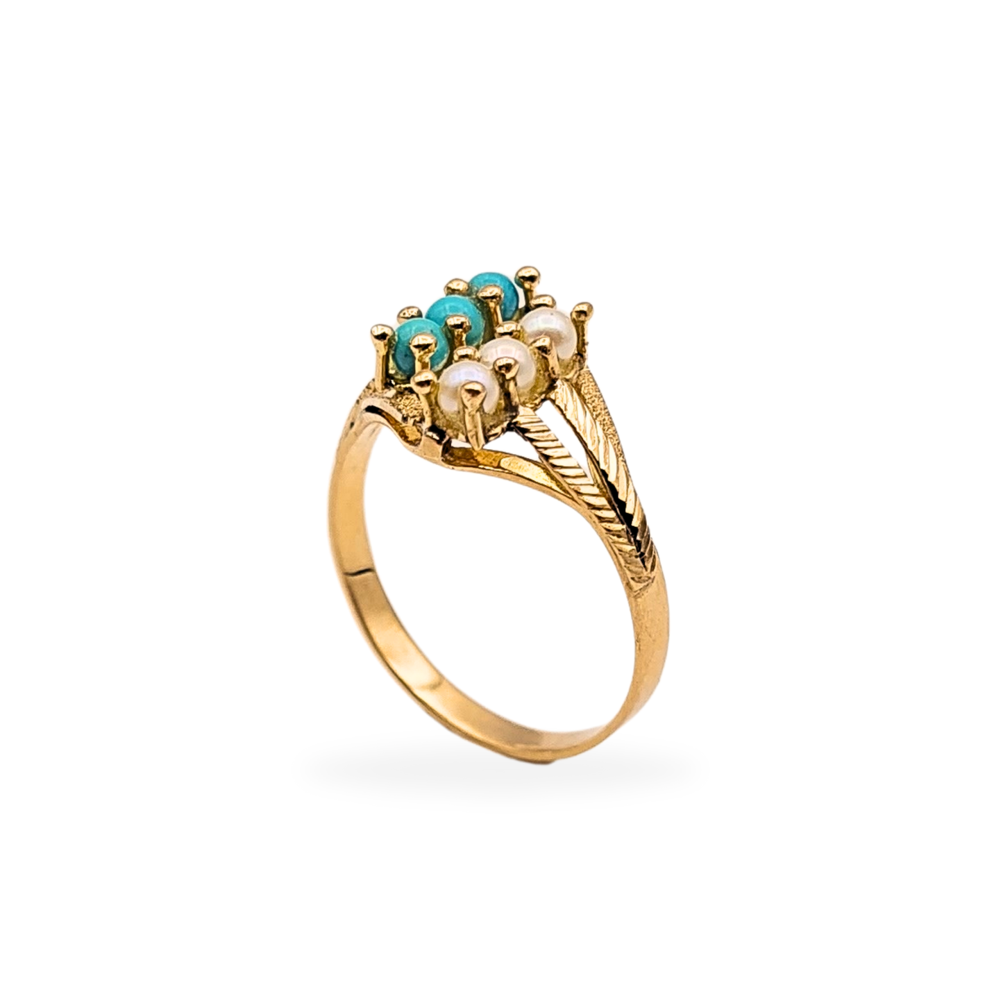 18ct Gold Turquoise 3 Row Ring, Pearl Design, UK M US 6 1/4