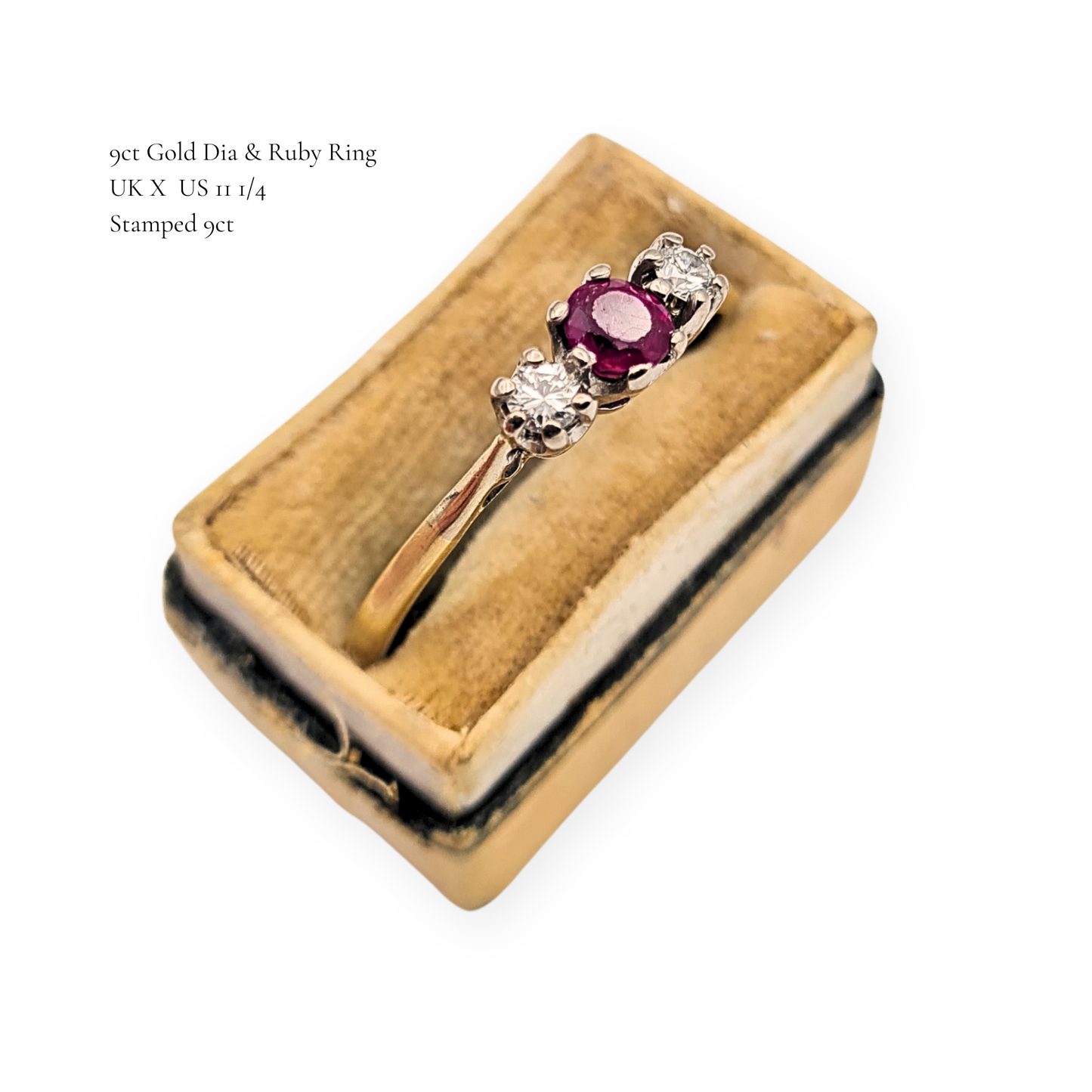 Large Size 9ct Gold Ruby Diamond Ring 3 Stone UK X US 11 1/4