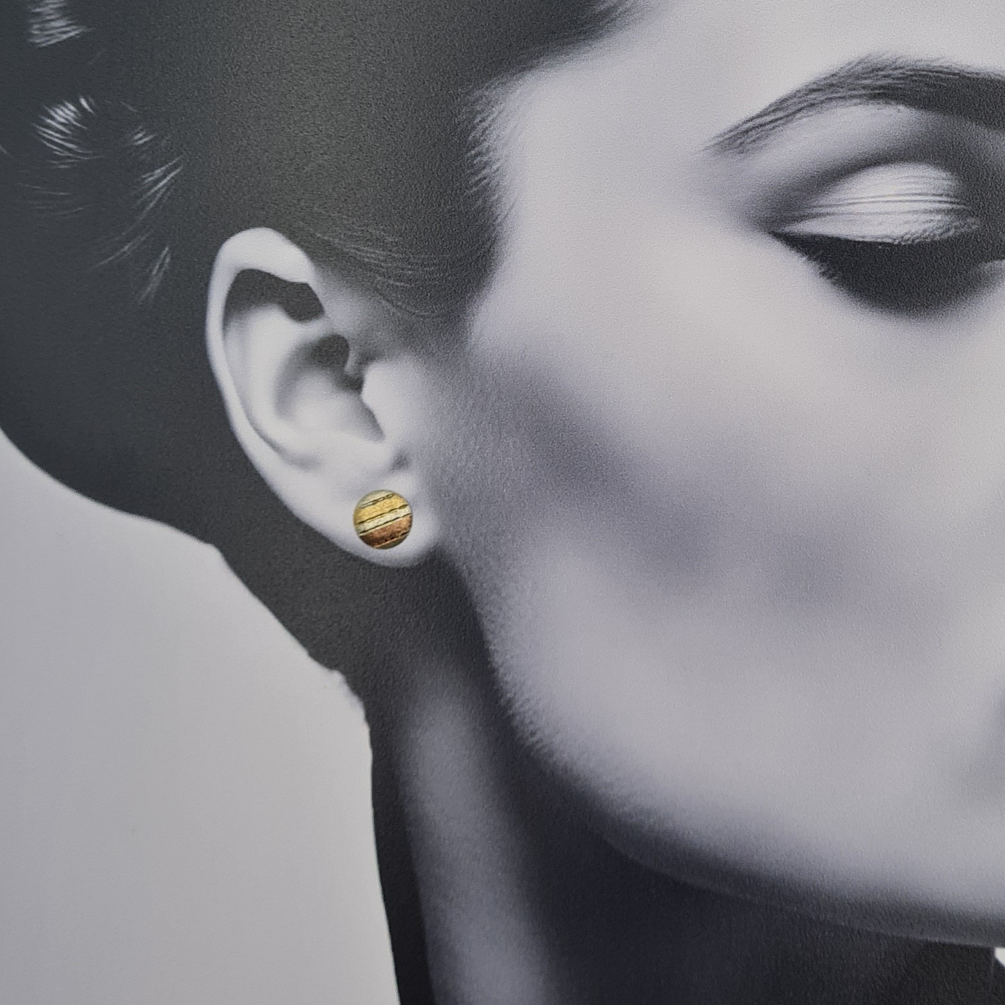 9ct Gold Two Colour Round Stud Earrings, 10mm Engraved Disc Design